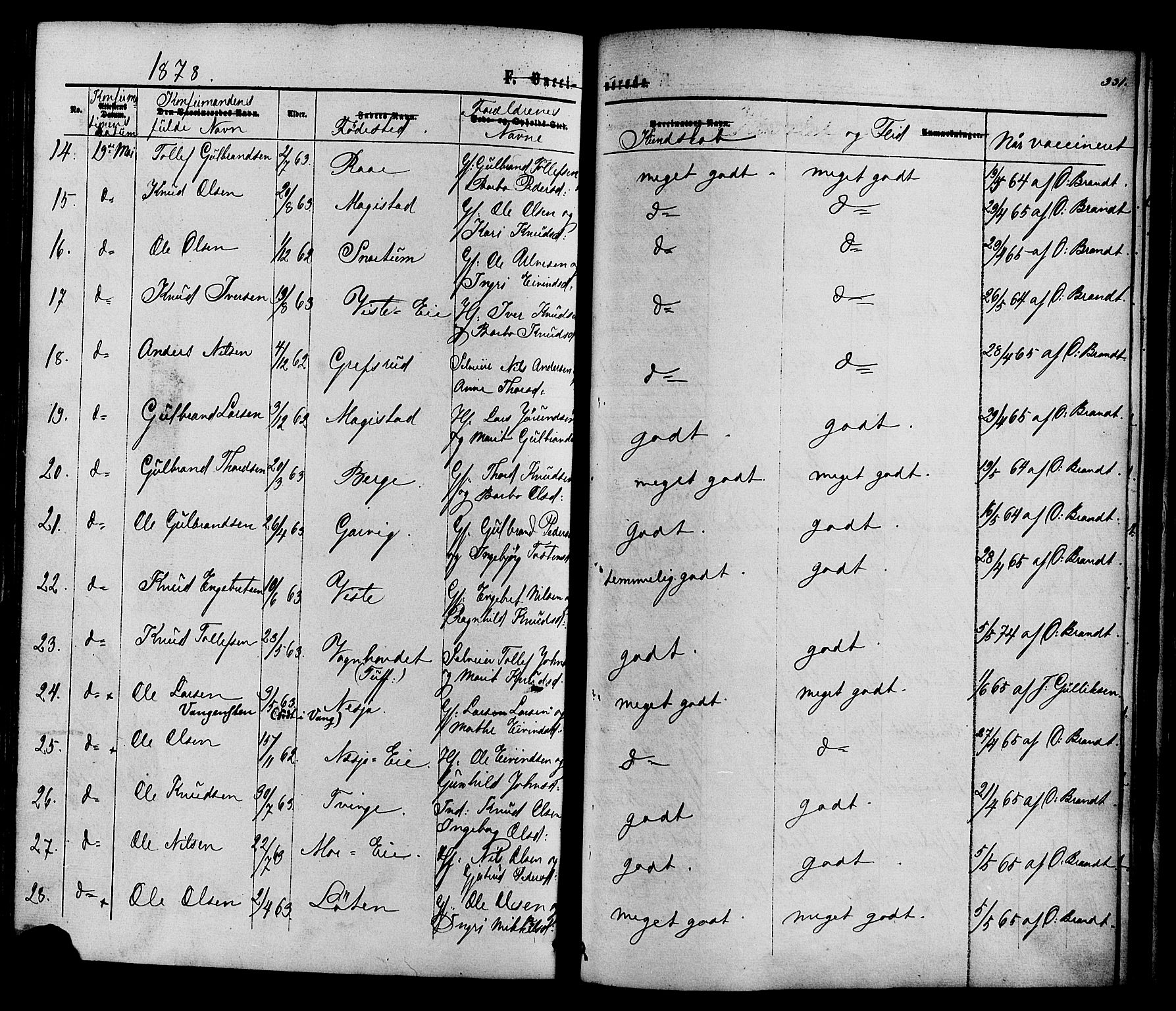 Vestre Slidre prestekontor, SAH/PREST-136/H/Ha/Haa/L0003: Parish register (official) no. 3, 1865-1880, p. 331