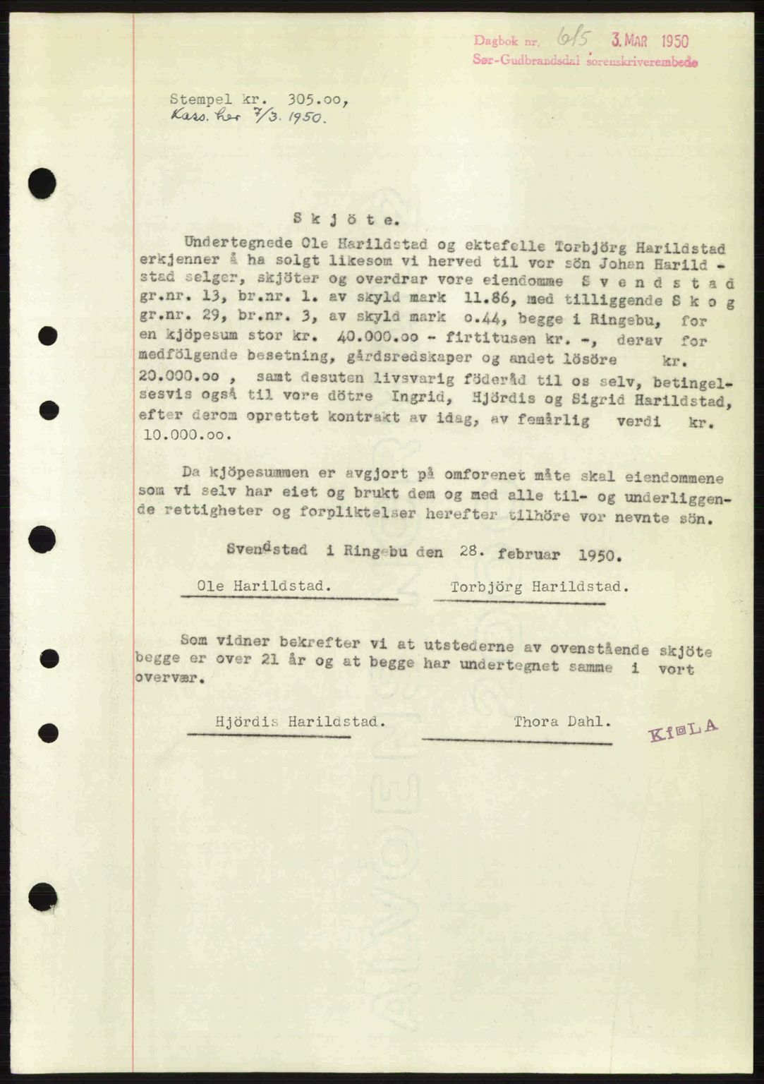 Sør-Gudbrandsdal tingrett, AV/SAH-TING-004/H/Hb/Hbd/L0027: Mortgage book no. A27, 1949-1950, Diary no: : 615/1950