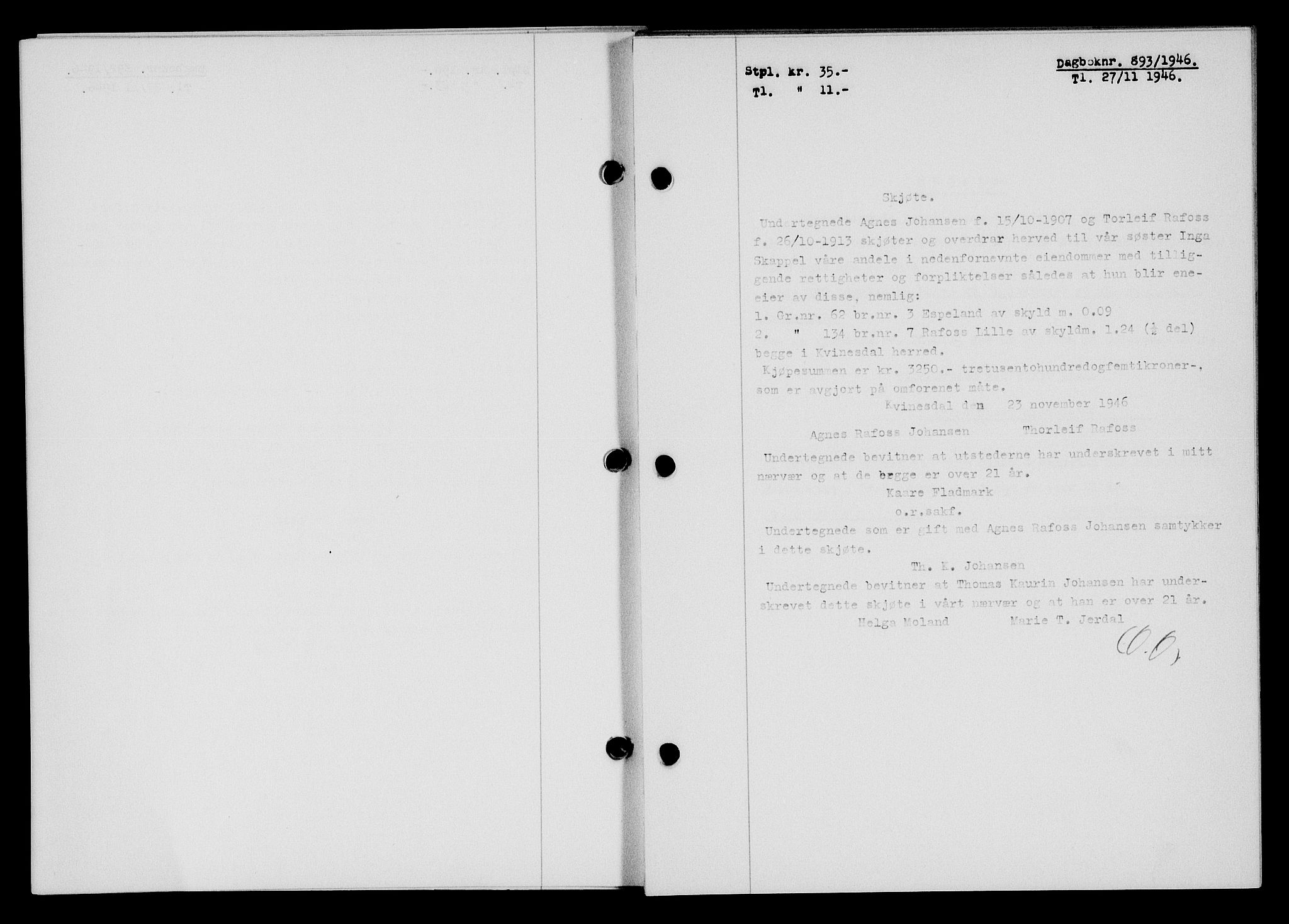Flekkefjord sorenskriveri, SAK/1221-0001/G/Gb/Gba/L0061: Mortgage book no. A-9, 1946-1947, Diary no: : 893/1946