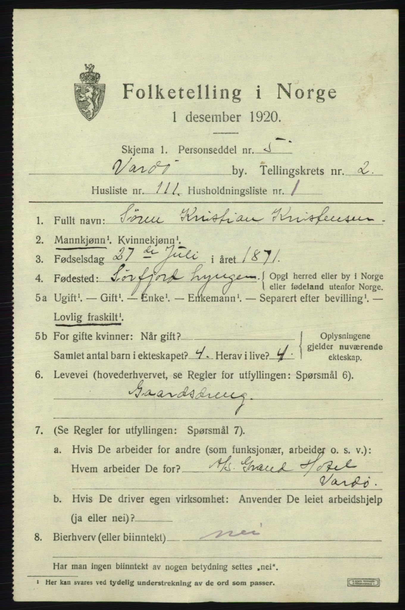 SATØ, 1920 census for Vardø, 1920, p. 7576