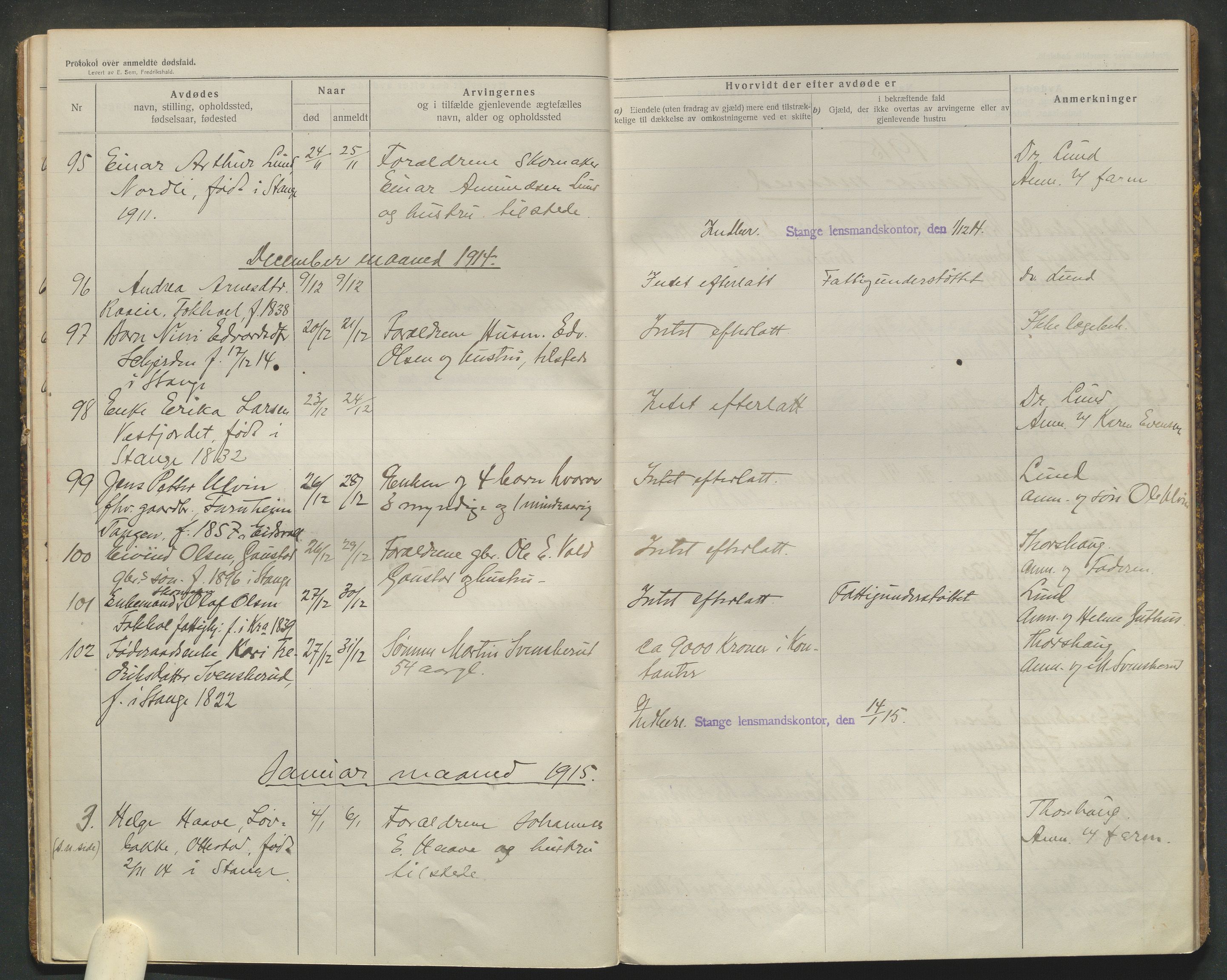 Stange lensmannskontor, AV/SAH-LHS-020/H/Ha/Haa/L0001/0002: Dødsfallsprotokoller / Dødsfallsprotokoll, 1914-1918