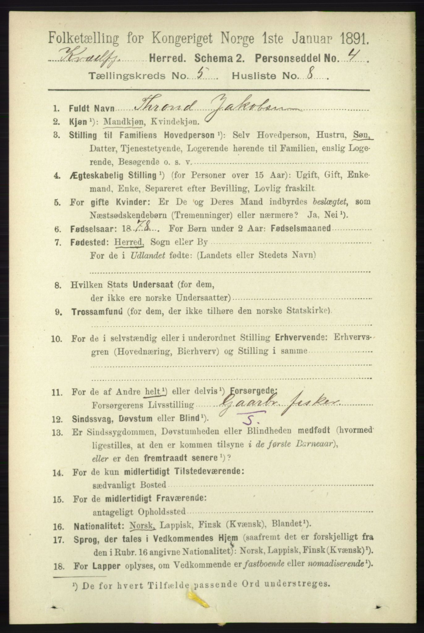 RA, 1891 census for 1911 Kvæfjord, 1891, p. 2911