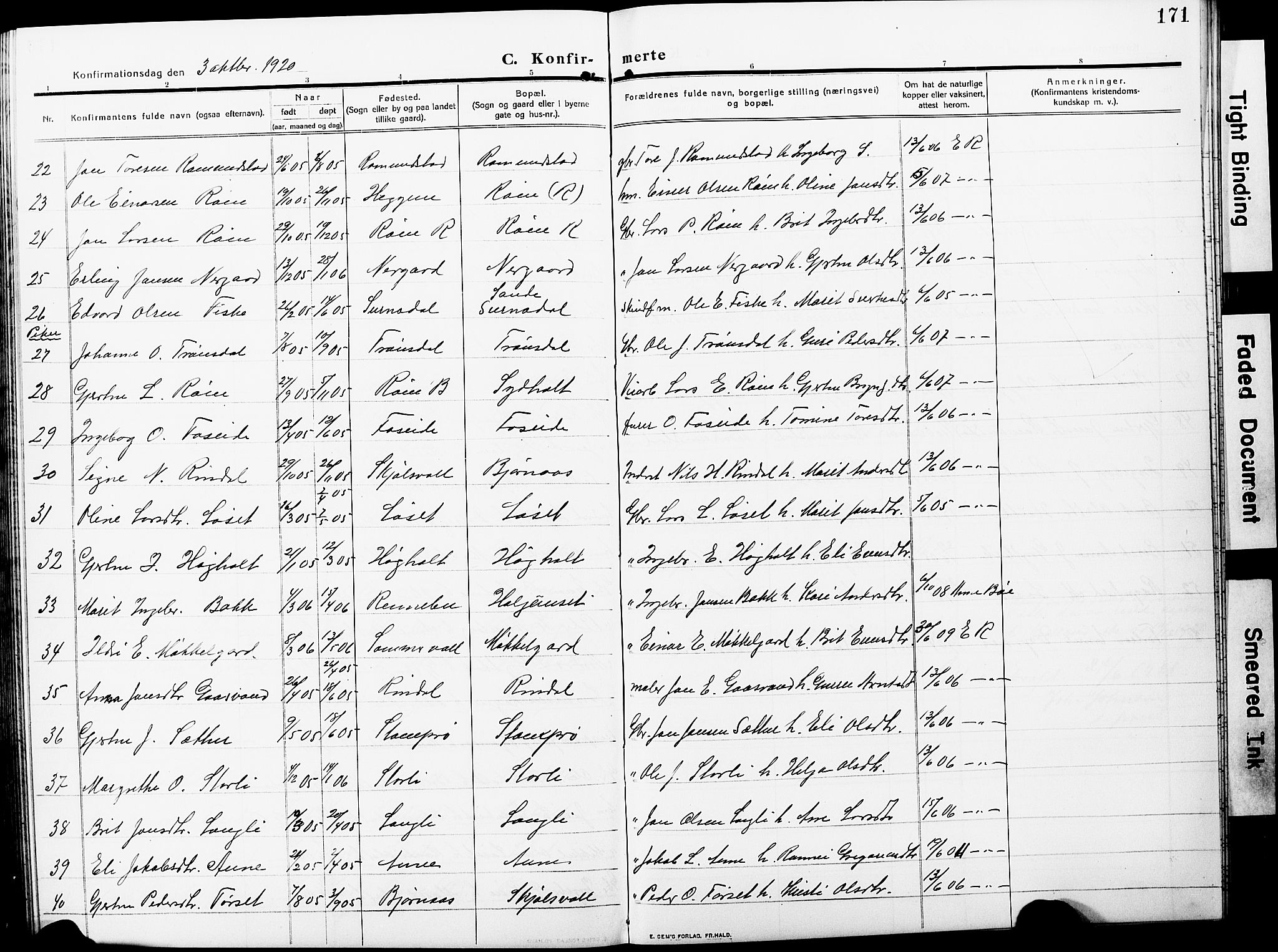 Ministerialprotokoller, klokkerbøker og fødselsregistre - Møre og Romsdal, AV/SAT-A-1454/598/L1079: Parish register (copy) no. 598C04, 1909-1927, p. 171