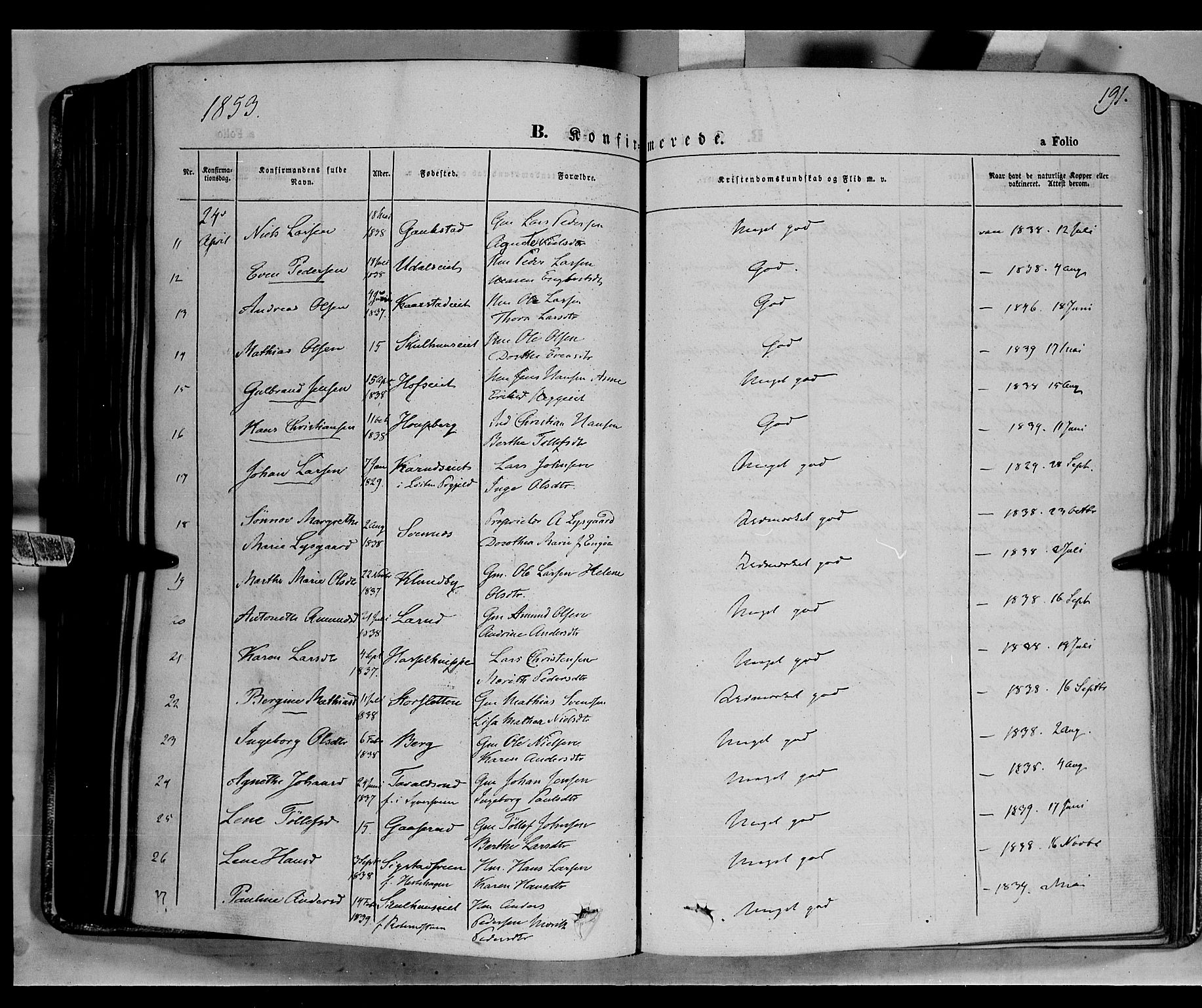 Biri prestekontor, SAH/PREST-096/H/Ha/Haa/L0005: Parish register (official) no. 5, 1843-1854, p. 191