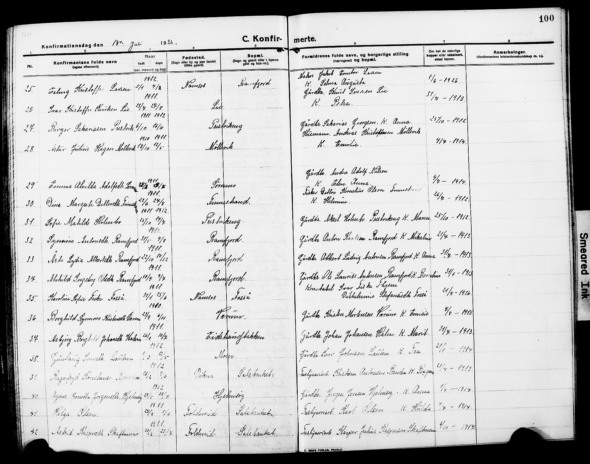 Ministerialprotokoller, klokkerbøker og fødselsregistre - Nord-Trøndelag, SAT/A-1458/780/L0653: Parish register (copy) no. 780C05, 1911-1927, p. 100
