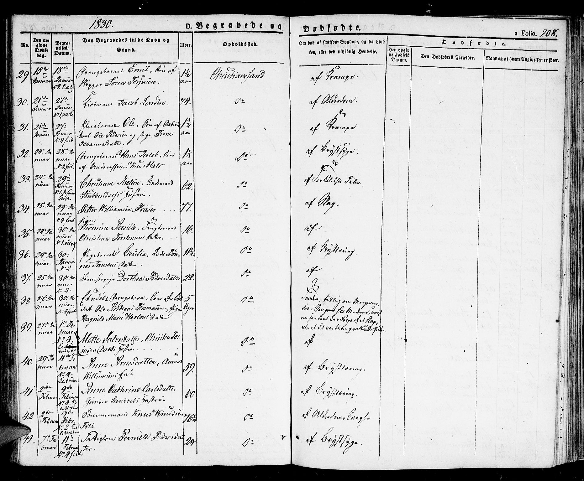 Kristiansand domprosti, SAK/1112-0006/F/Fb/L0007: Parish register (copy) no. B 7, 1829-1837, p. 208