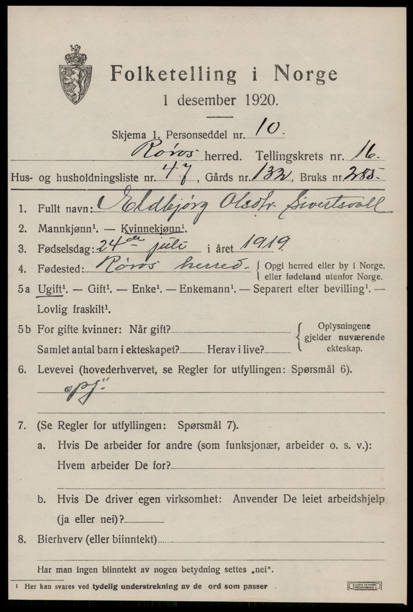 SAT, 1920 census for Røros, 1920, p. 11580