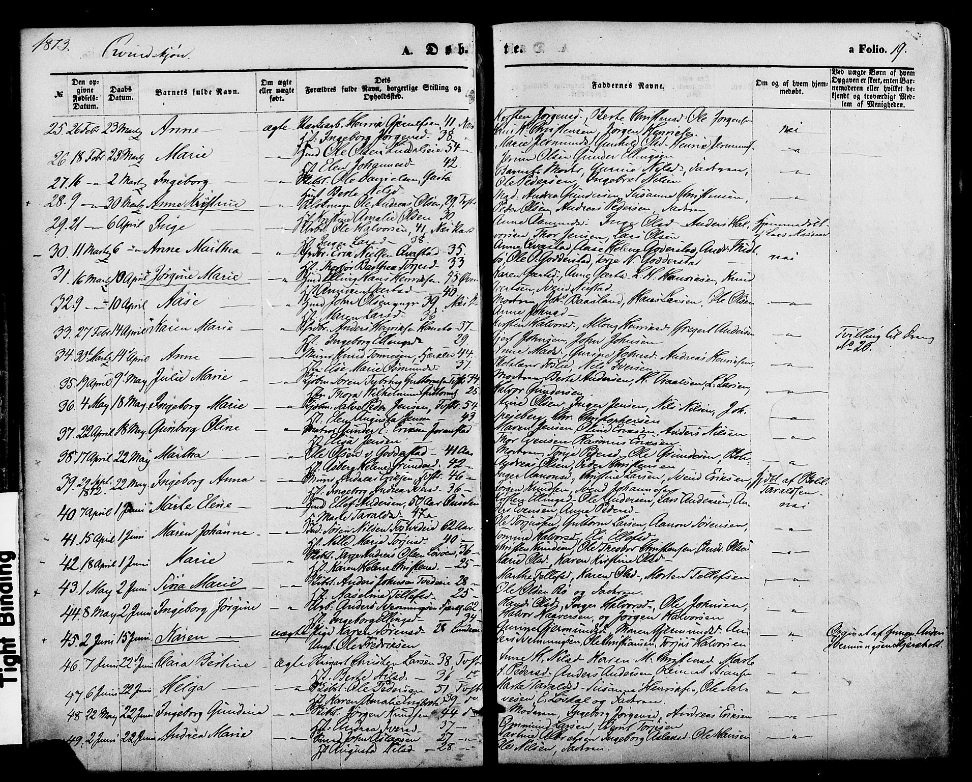 Holt sokneprestkontor, AV/SAK-1111-0021/F/Fa/L0010: Parish register (official) no. A 10, 1872-1885, p. 19