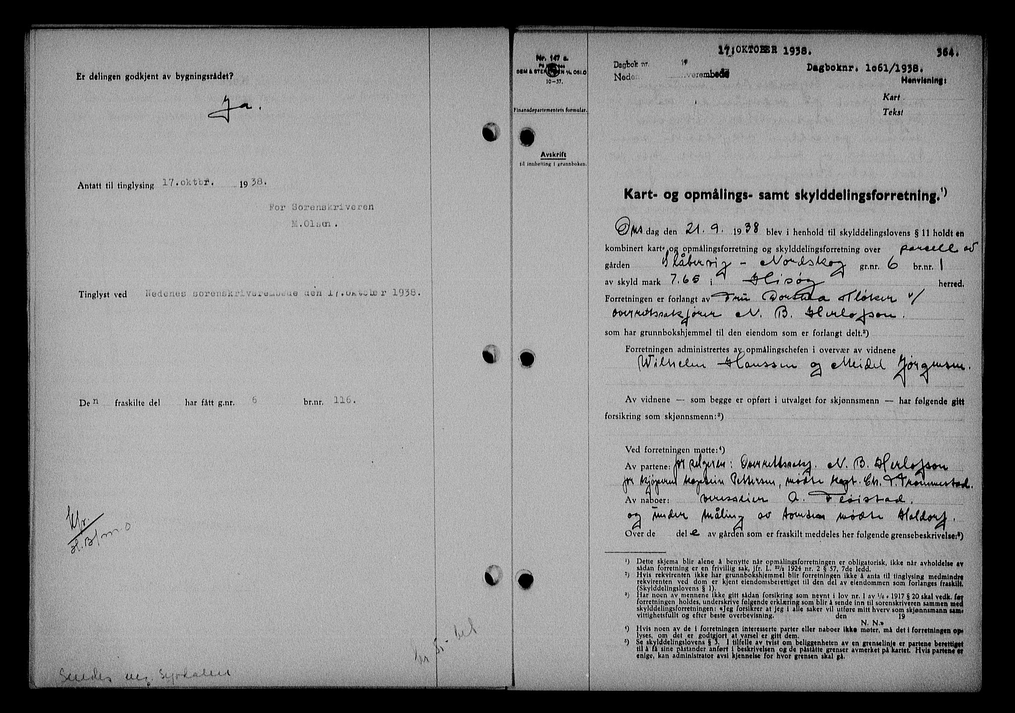 Nedenes sorenskriveri, SAK/1221-0006/G/Gb/Gba/L0045: Mortgage book no. 41, 1938-1938, Diary no: : 1061/1938