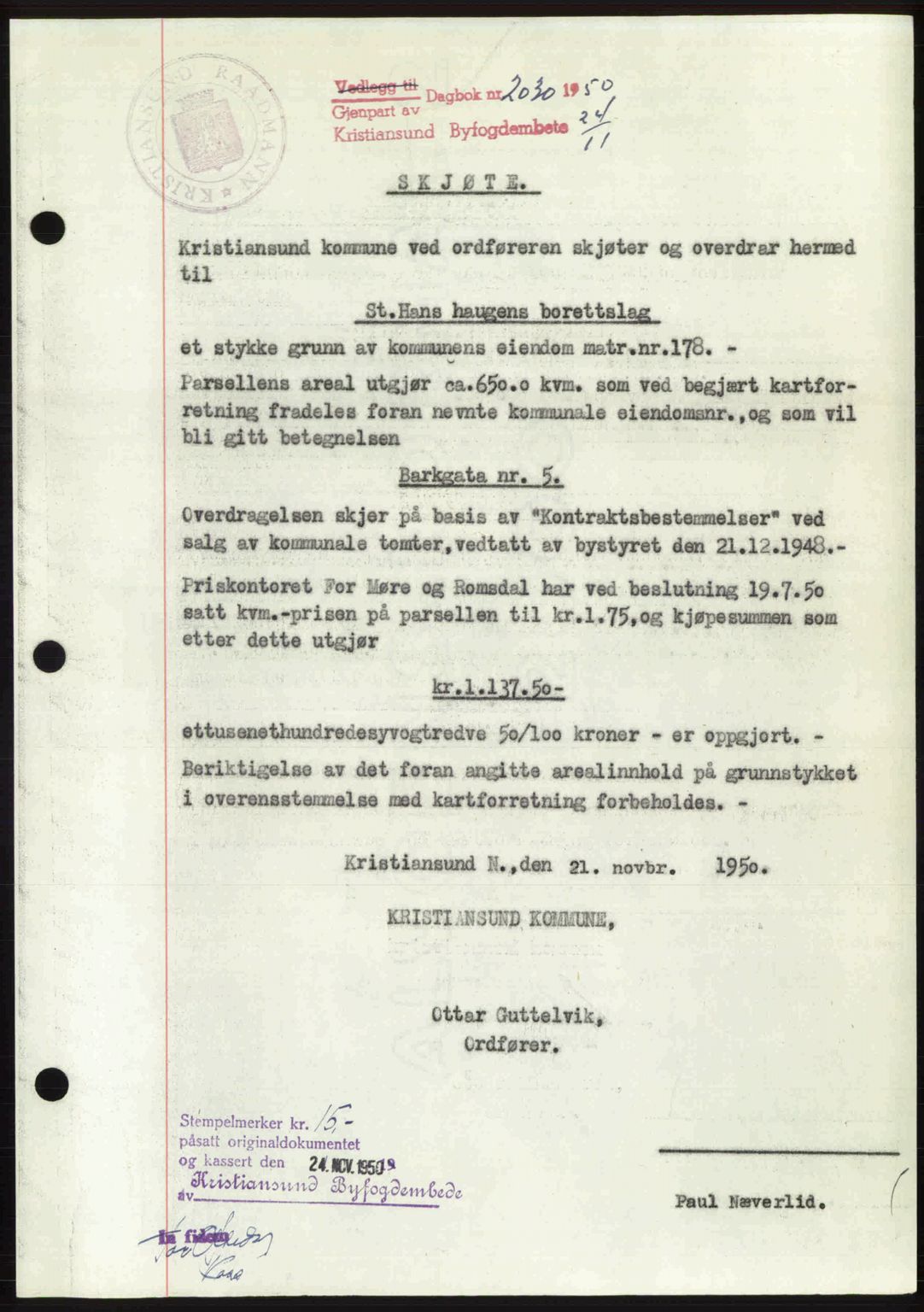 Kristiansund byfogd, AV/SAT-A-4587/A/27: Mortgage book no. 46, 1949-1950, Diary no: : 2030/1950