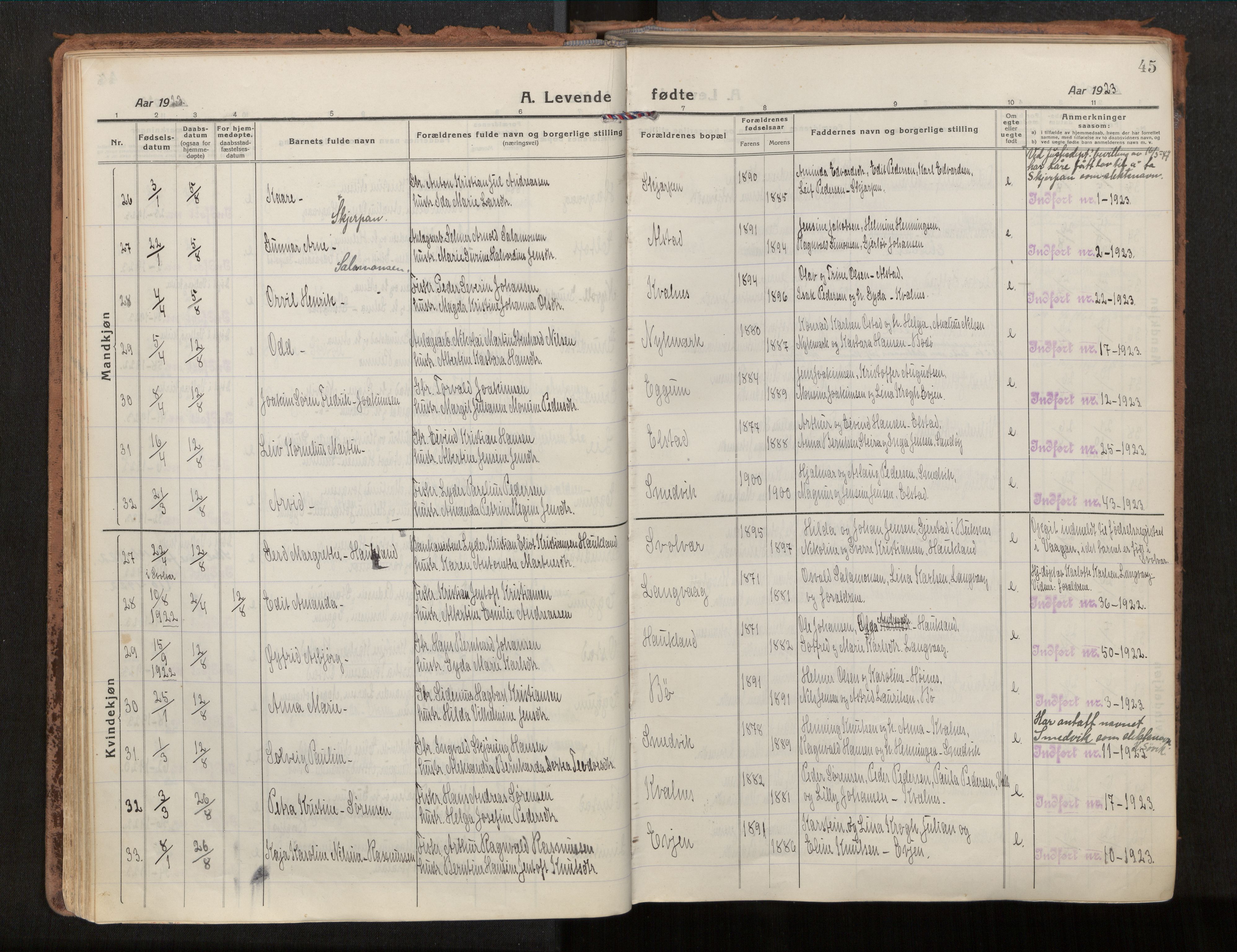 Ministerialprotokoller, klokkerbøker og fødselsregistre - Nordland, AV/SAT-A-1459/880/L1136: Parish register (official) no. 880A10, 1919-1927, p. 45