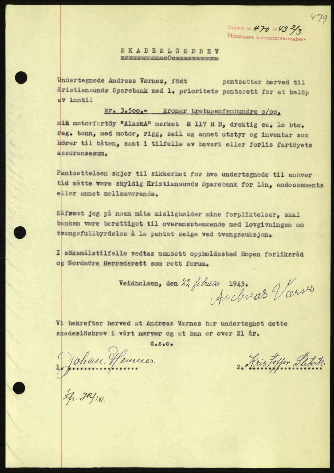 Nordmøre sorenskriveri, AV/SAT-A-4132/1/2/2Ca: Mortgage book no. B90, 1942-1943, Diary no: : 470/1943