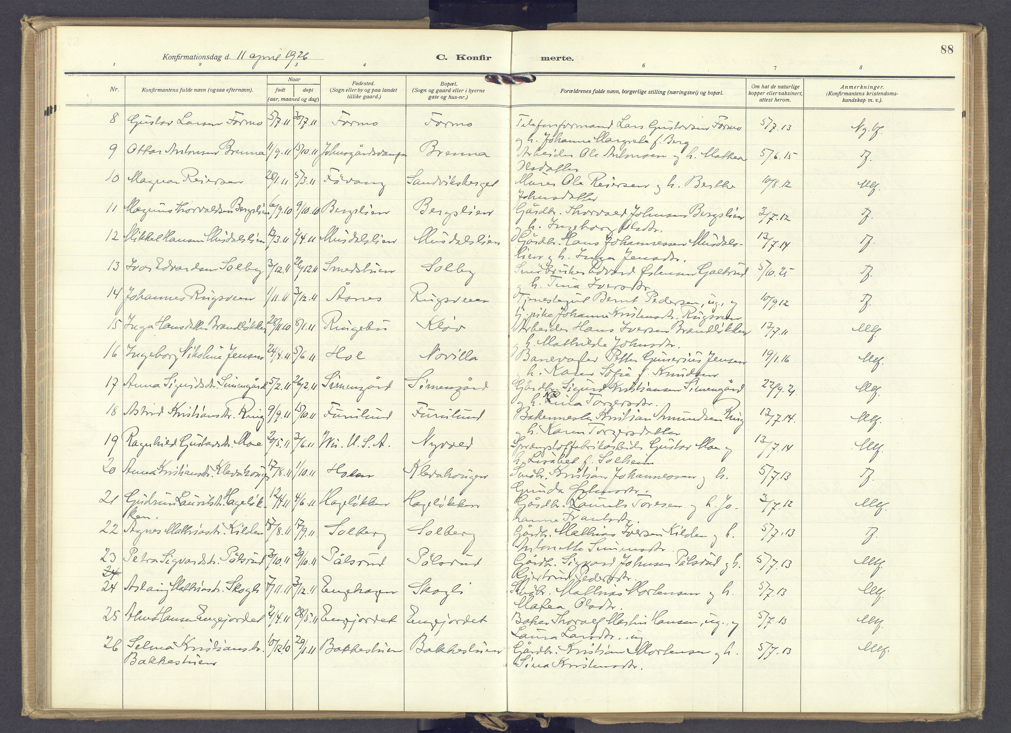 Øyer prestekontor, SAH/PREST-084/H/Ha/Haa/L0014: Parish register (official) no. 14, 1919-1932, p. 88