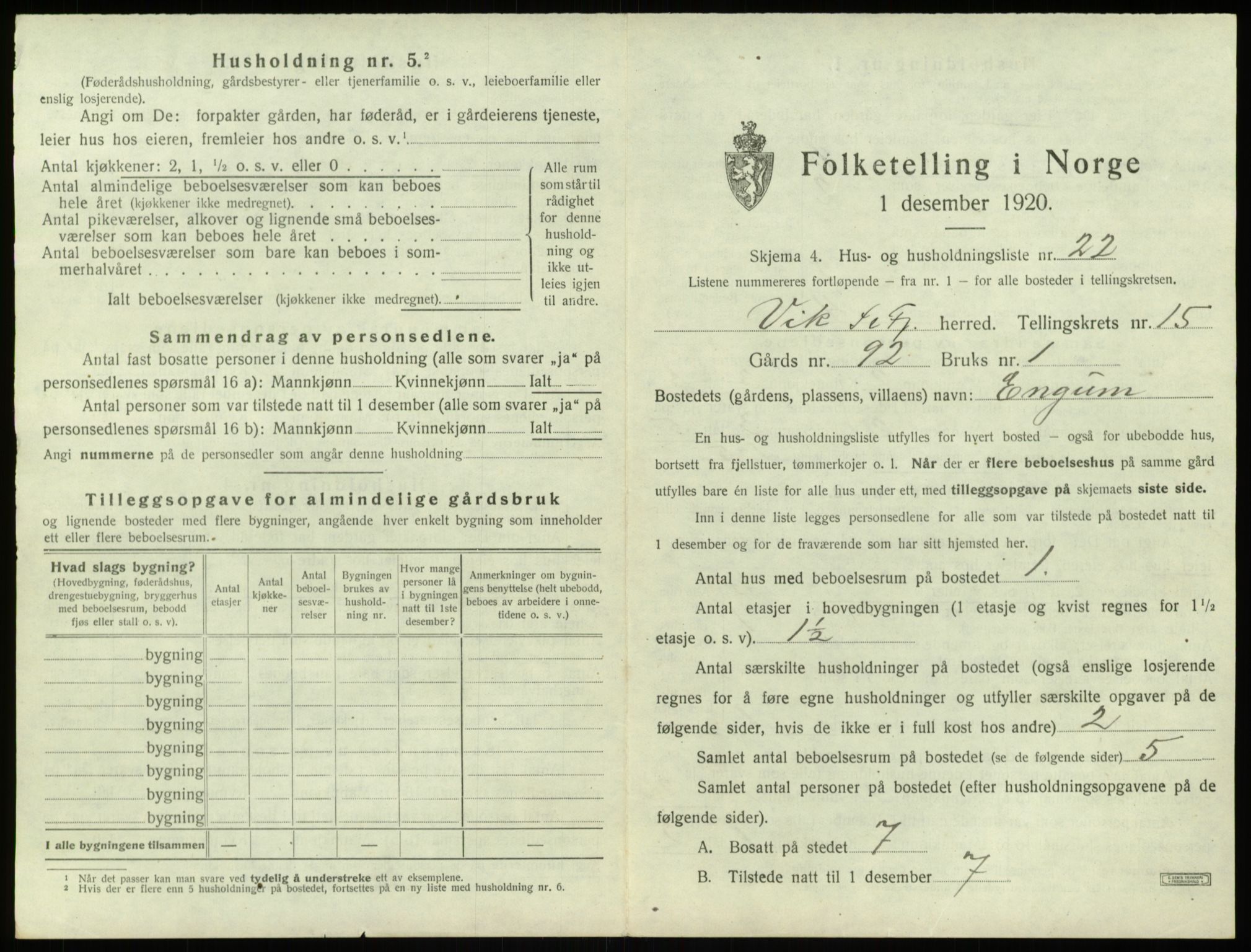 SAB, 1920 census for Vik, 1920, p. 1282