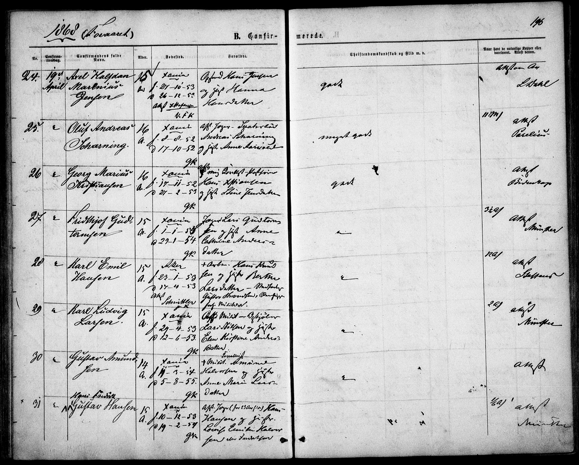 Garnisonsmenigheten Kirkebøker, AV/SAO-A-10846/F/Fa/L0010: Parish register (official) no. 10, 1859-1869, p. 196