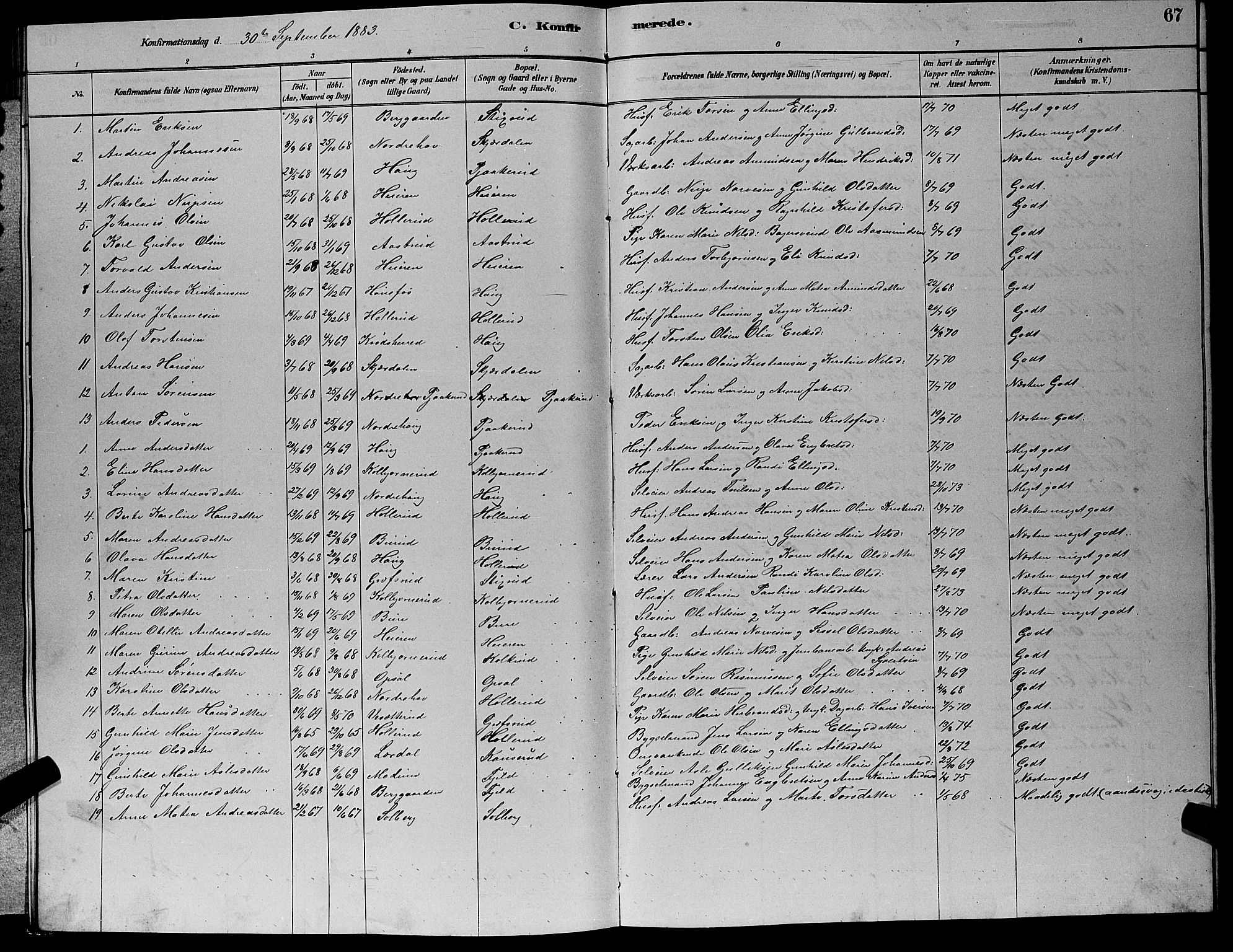 Hole kirkebøker, SAKO/A-228/G/Gb/L0002: Parish register (copy) no. II 2, 1878-1889, p. 67