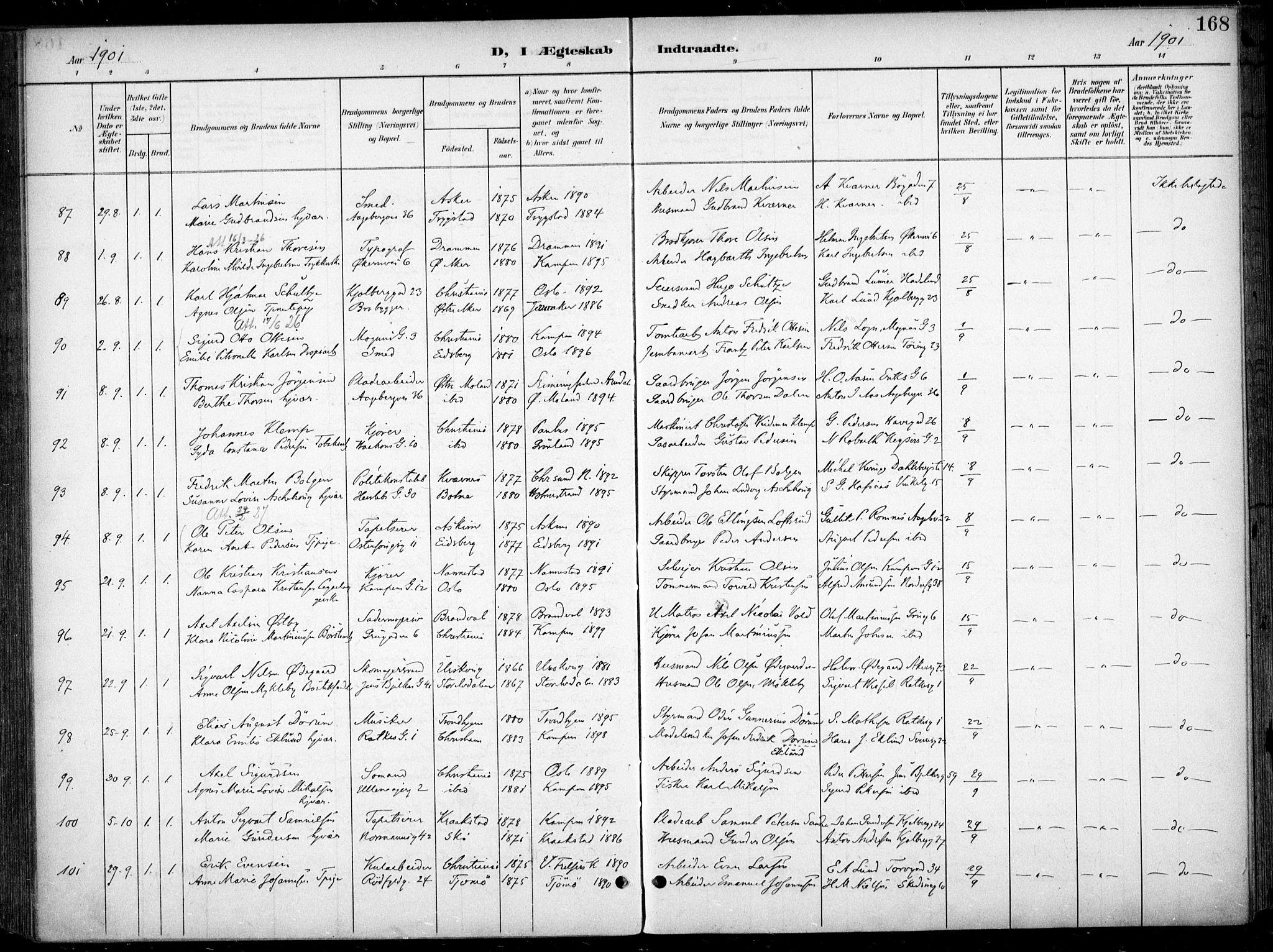 Kampen prestekontor Kirkebøker, AV/SAO-A-10853/F/Fa/L0009: Parish register (official) no. I 9, 1899-1911, p. 168
