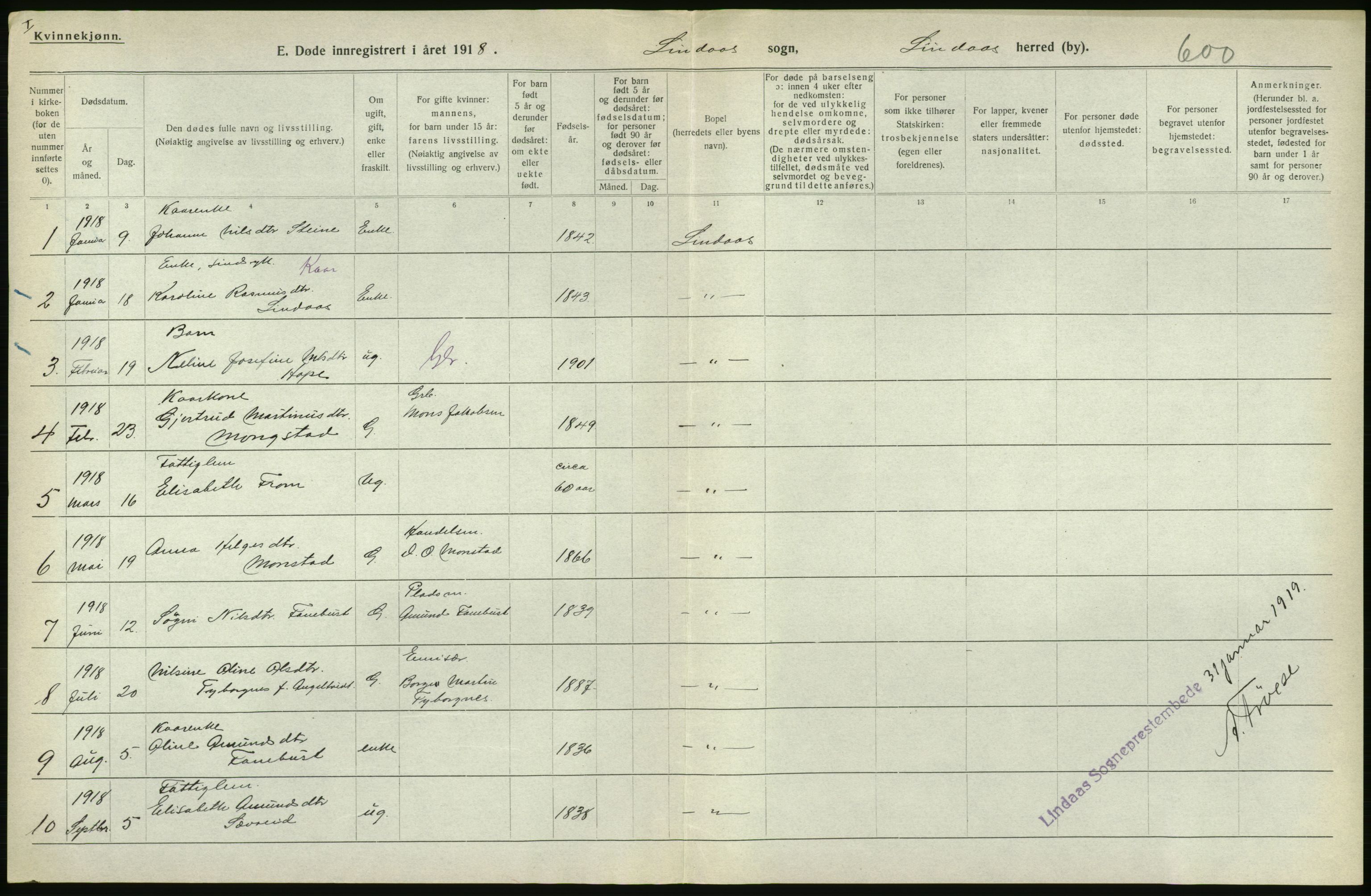 Statistisk sentralbyrå, Sosiodemografiske emner, Befolkning, AV/RA-S-2228/D/Df/Dfb/Dfbh/L0036: Hordaland fylke: Døde., 1918, p. 612