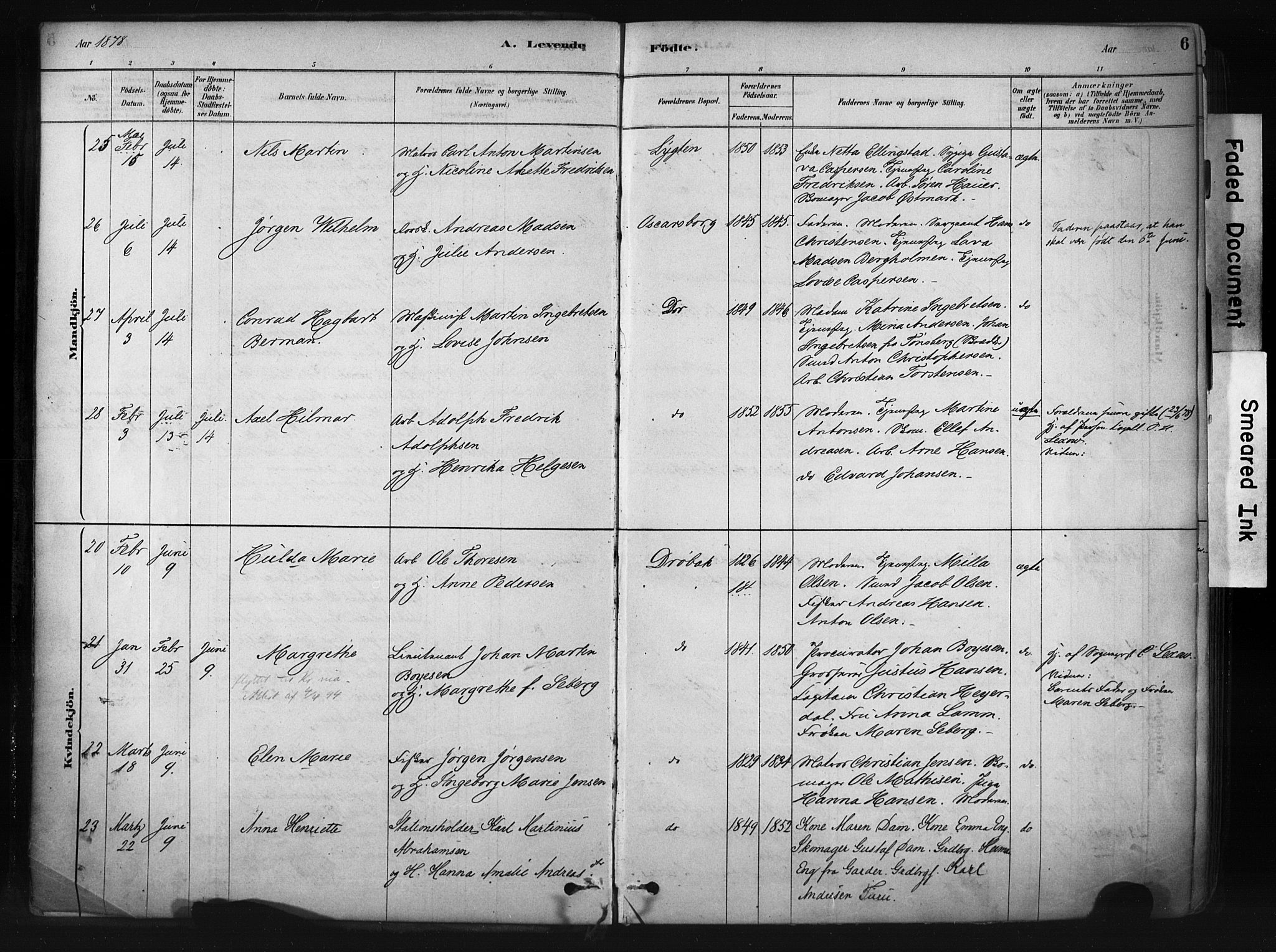 Drøbak prestekontor Kirkebøker, AV/SAO-A-10142a/F/Fb/L0001: Parish register (official) no. II 1, 1878-1891, p. 6