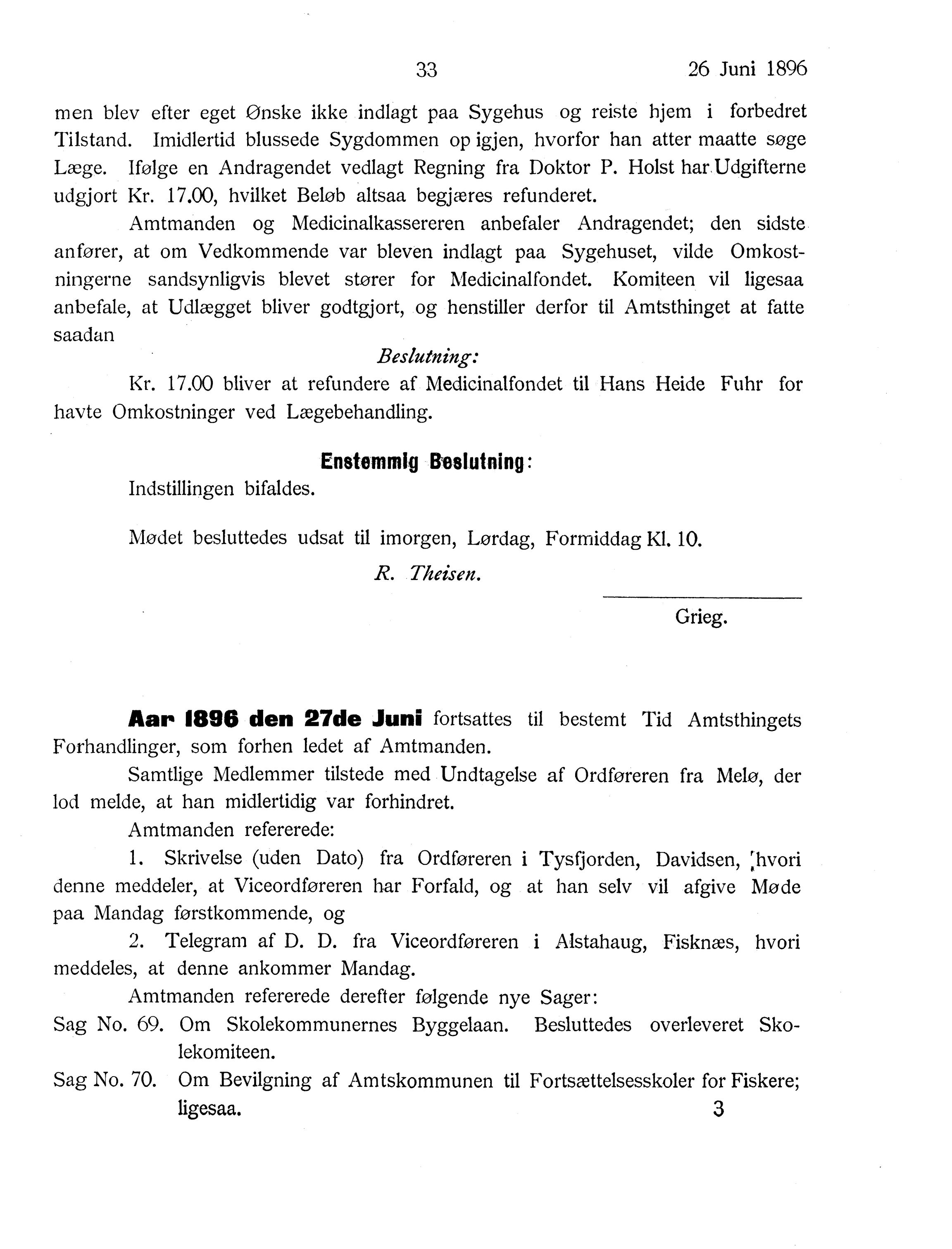 Nordland Fylkeskommune. Fylkestinget, AIN/NFK-17/176/A/Ac/L0019: Fylkestingsforhandlinger 1896, 1896, p. 33