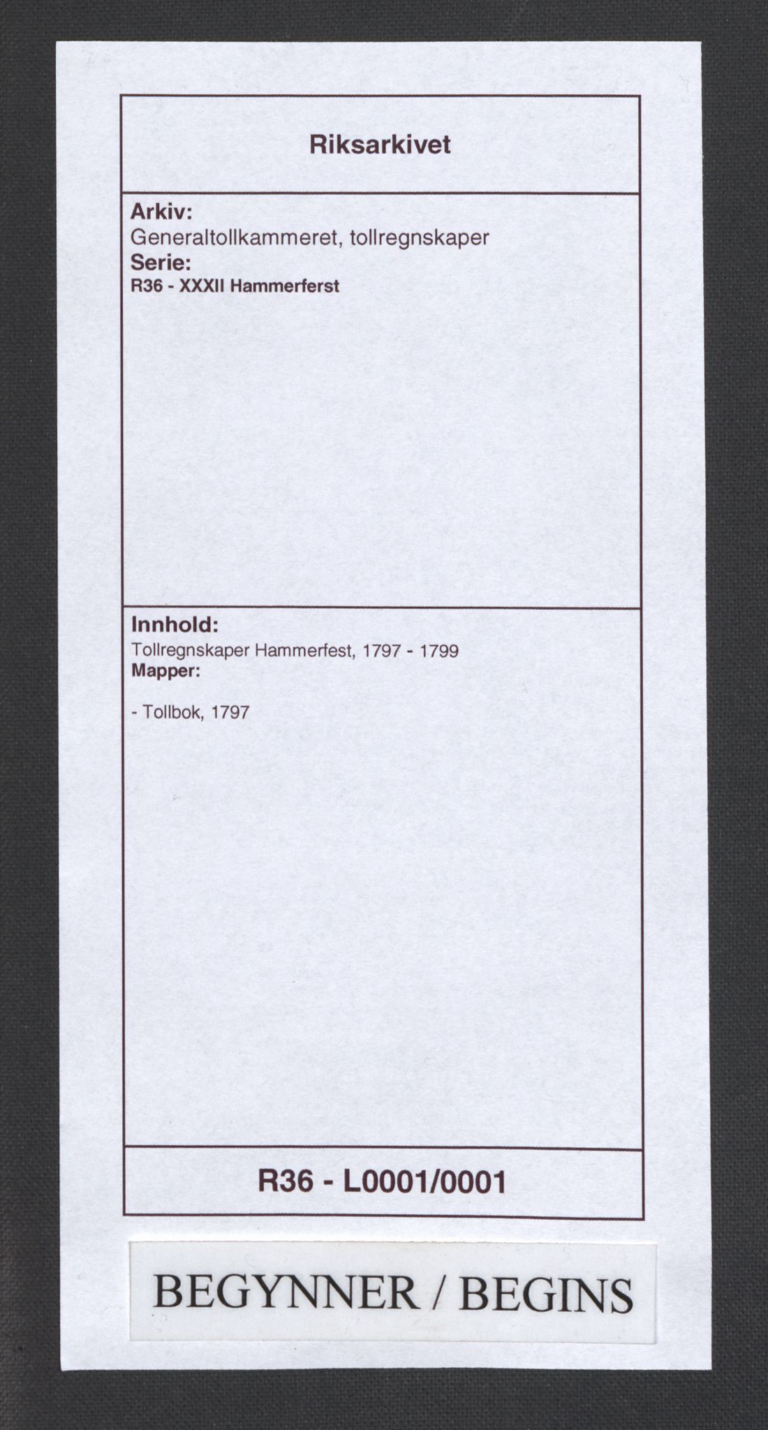 Generaltollkammeret, tollregnskaper, RA/EA-5490/R36/L0001/0001: Tollregnskaper Hammerfest / Tollbok, 1797