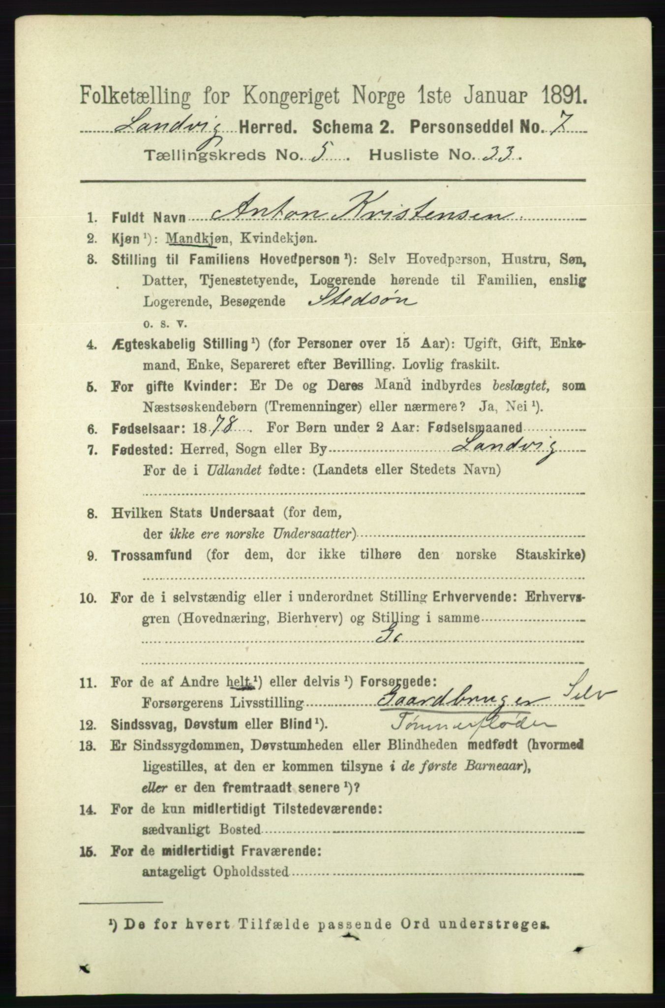 RA, 1891 census for 0924 Landvik, 1891, p. 2397