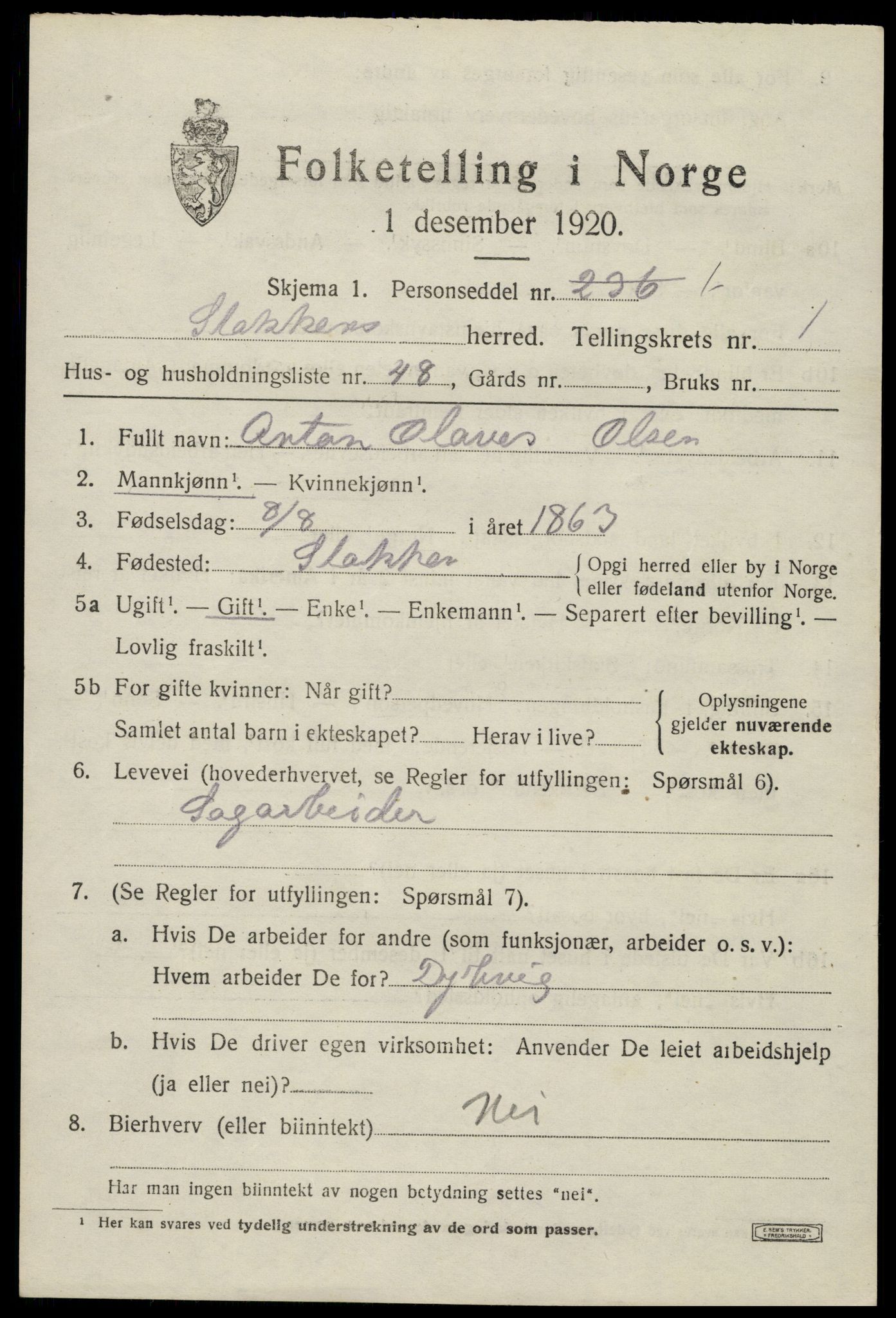 SAK, 1920 census for Stokken, 1920, p. 1040