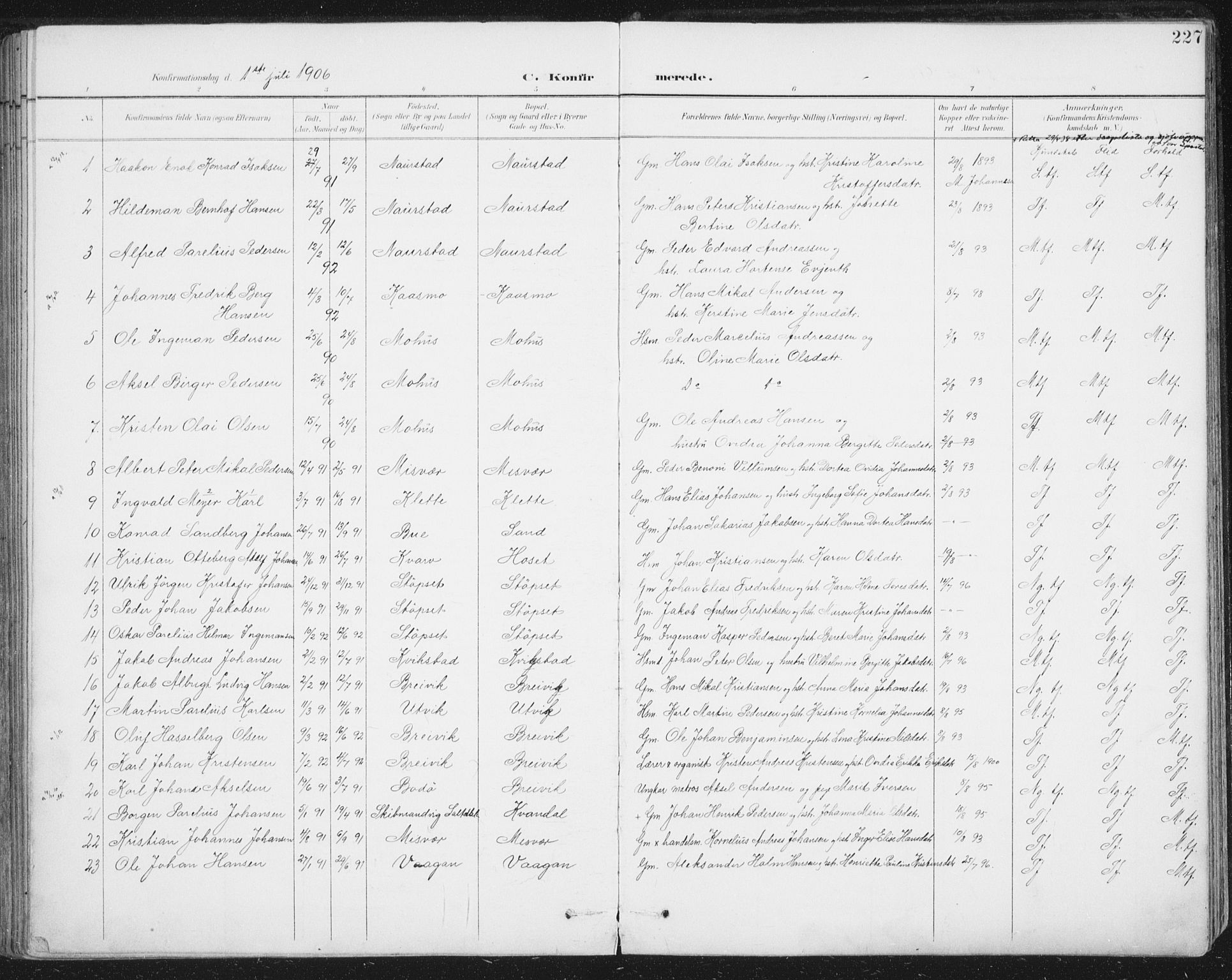 Ministerialprotokoller, klokkerbøker og fødselsregistre - Nordland, SAT/A-1459/852/L0741: Parish register (official) no. 852A11, 1894-1917, p. 227