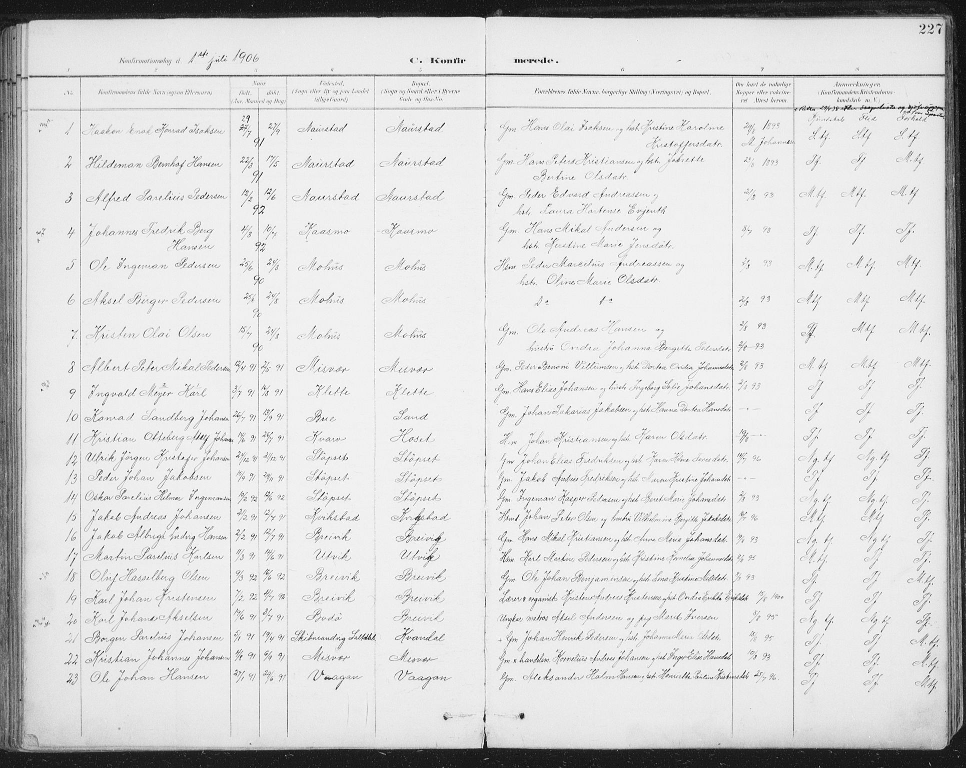 Ministerialprotokoller, klokkerbøker og fødselsregistre - Nordland, AV/SAT-A-1459/852/L0741: Parish register (official) no. 852A11, 1894-1917, p. 227