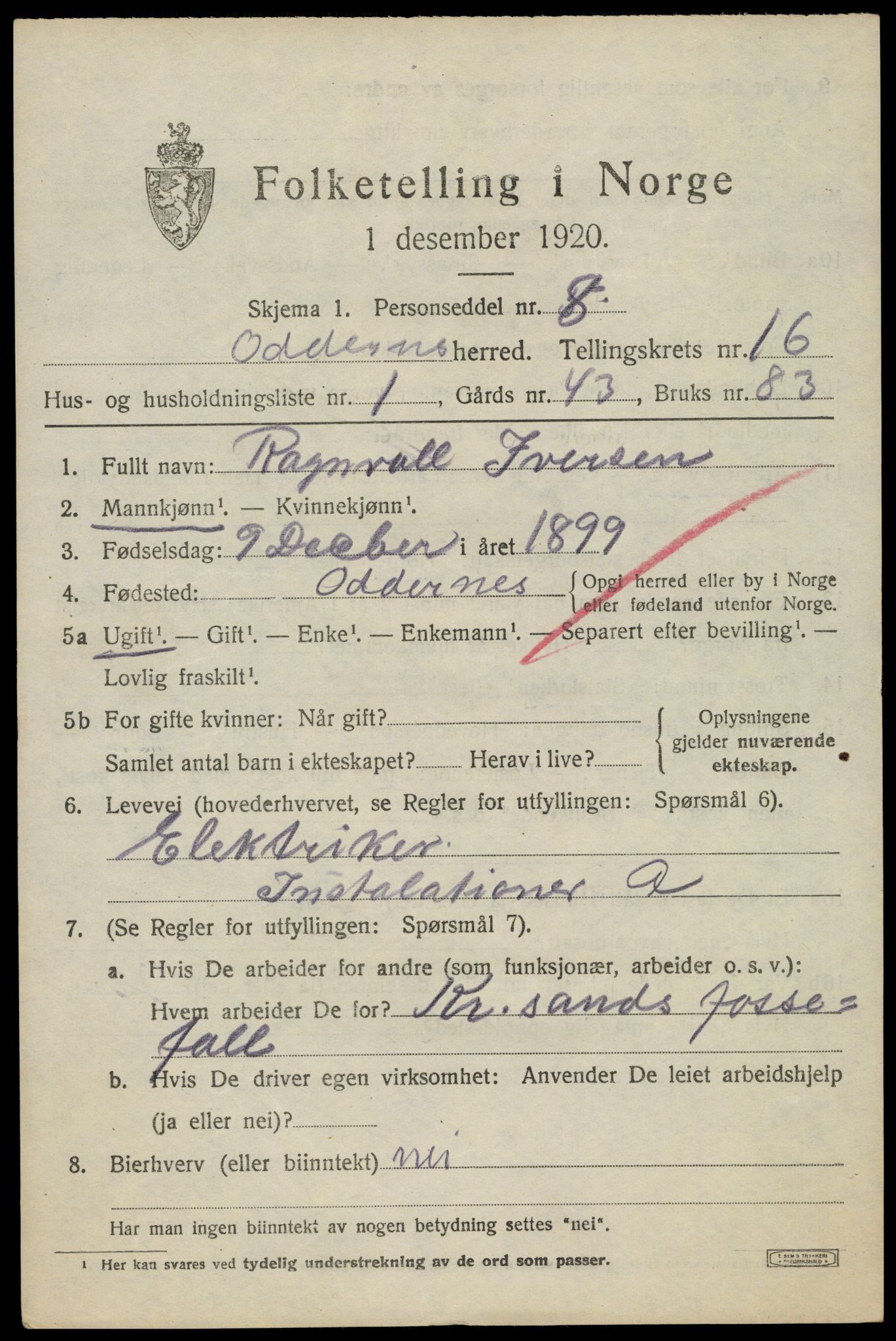 SAK, 1920 census for Oddernes, 1920, p. 11147