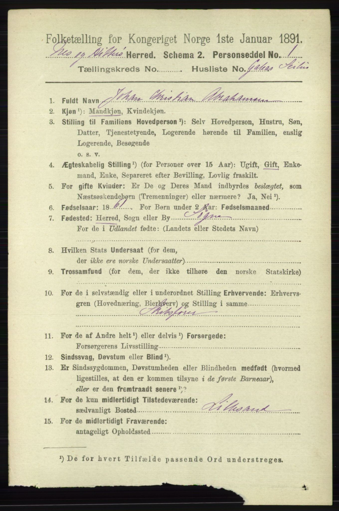 RA, 1891 census for 1043 Hidra og Nes, 1891, p. 4732