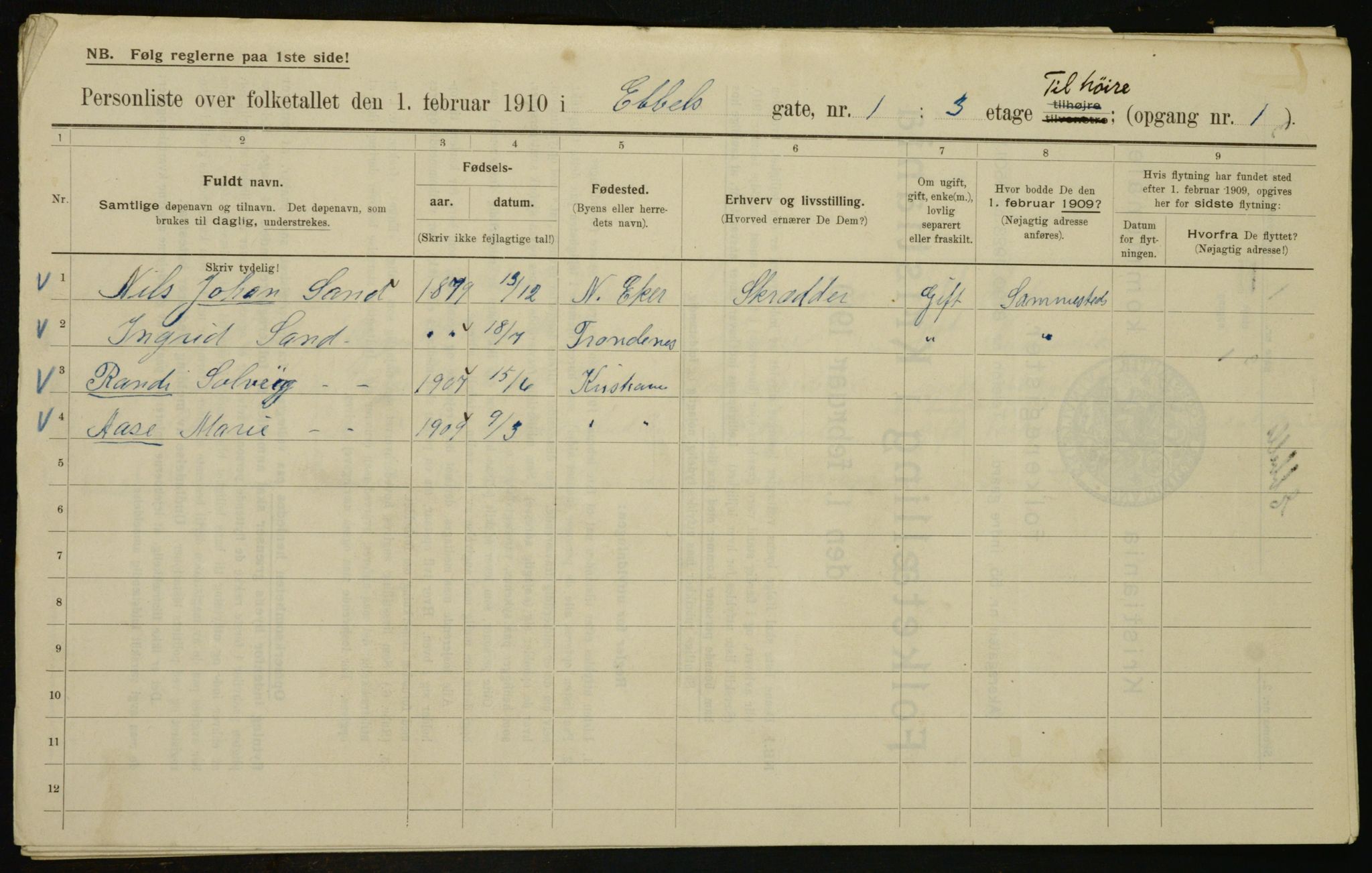 OBA, Municipal Census 1910 for Kristiania, 1910, p. 17122