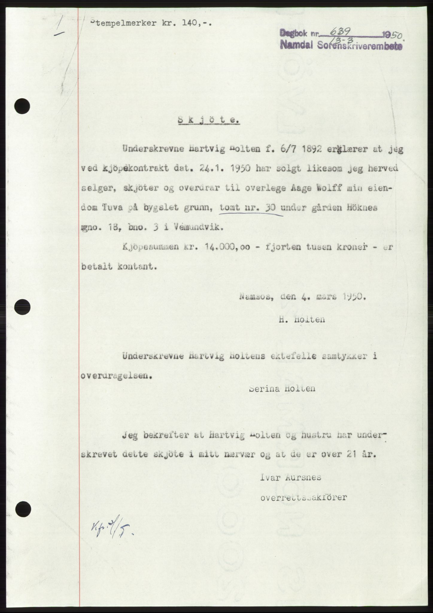 Namdal sorenskriveri, AV/SAT-A-4133/1/2/2C: Mortgage book no. -, 1950-1950, Diary no: : 639/1950