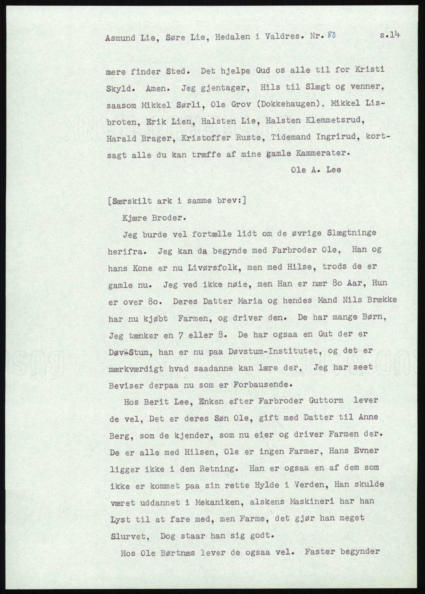 Samlinger til kildeutgivelse, Amerikabrevene, AV/RA-EA-4057/F/L0013: Innlån fra Oppland: Lie (brevnr 79-115) - Nordrum, 1838-1914, p. 41