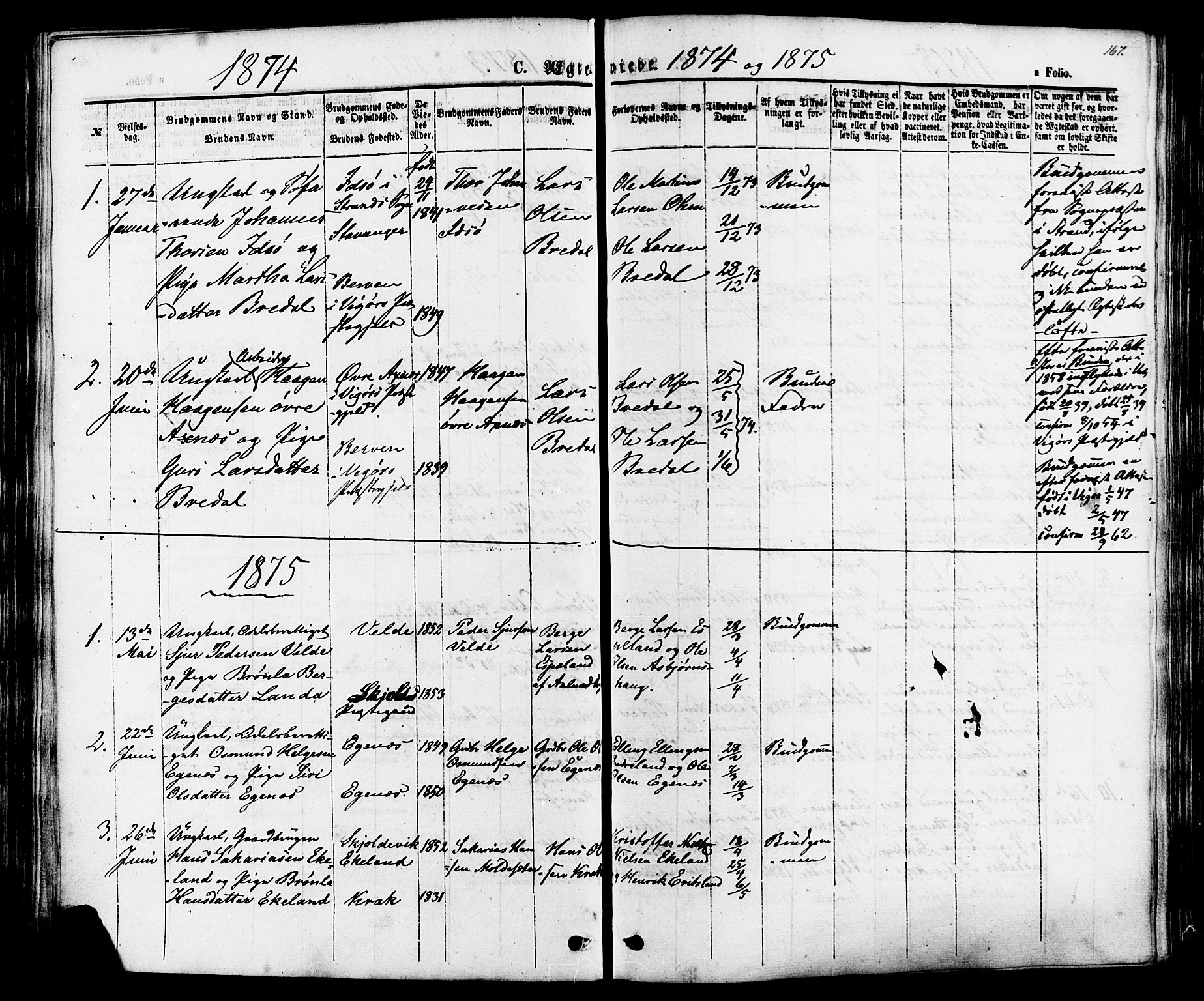 Skjold sokneprestkontor, AV/SAST-A-101847/H/Ha/Haa/L0007: Parish register (official) no. A 7, 1857-1882, p. 167