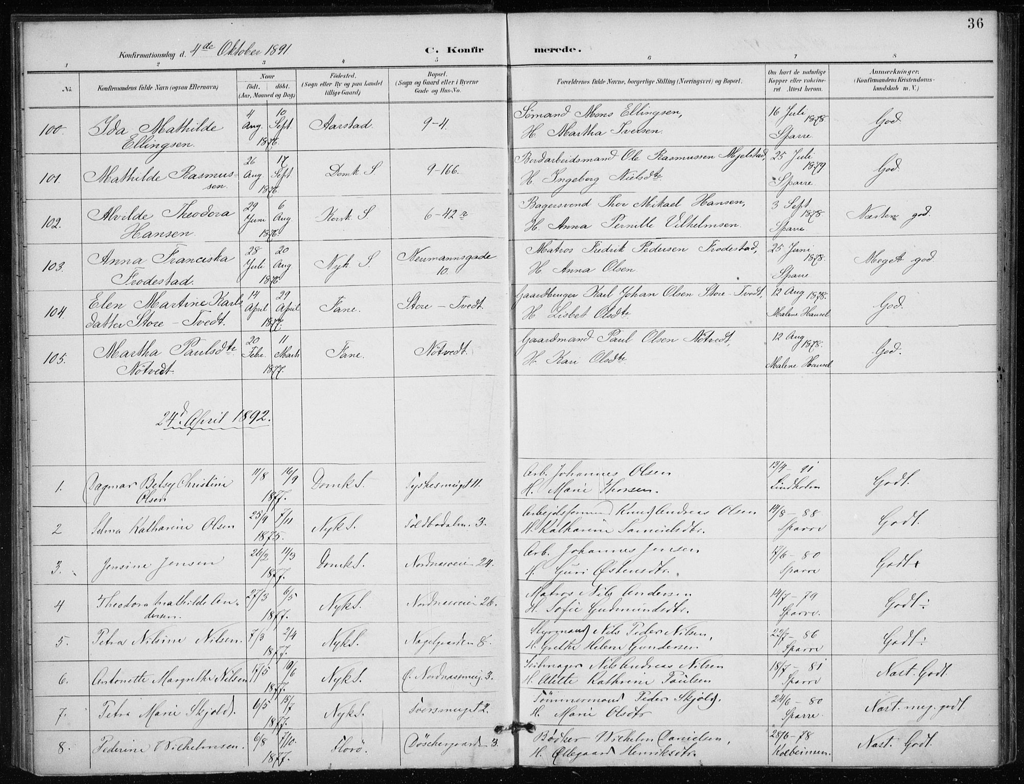 Nykirken Sokneprestembete, SAB/A-77101/H/Haa/L0028: Parish register (official) no. C 7, 1887-1913, p. 36