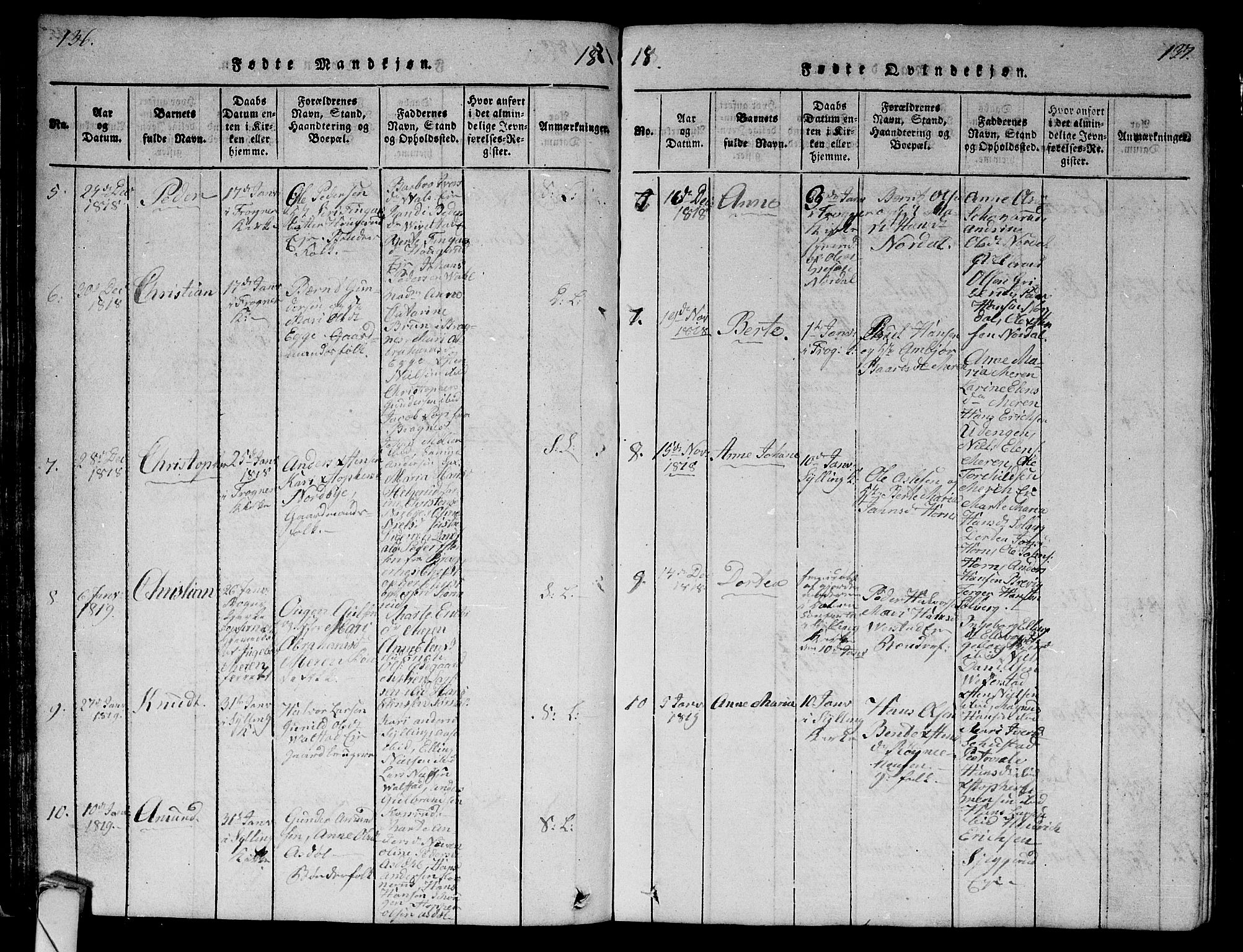 Lier kirkebøker, AV/SAKO-A-230/G/Ga/L0001: Parish register (copy) no. I 1, 1813-1824, p. 136-137