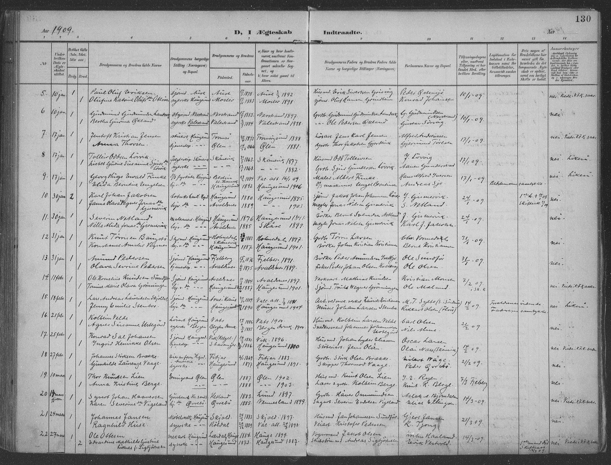 Haugesund sokneprestkontor, AV/SAST-A -101863/H/Ha/Haa/L0007: Parish register (official) no. A 7, 1904-1916, p. 130