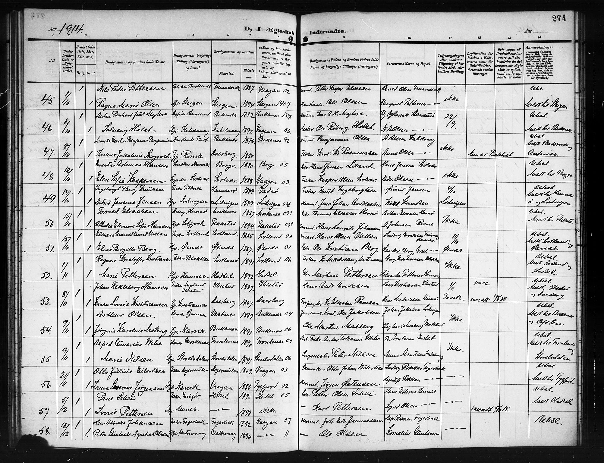 Ministerialprotokoller, klokkerbøker og fødselsregistre - Nordland, SAT/A-1459/874/L1079: Parish register (copy) no. 874C08, 1907-1915, p. 274