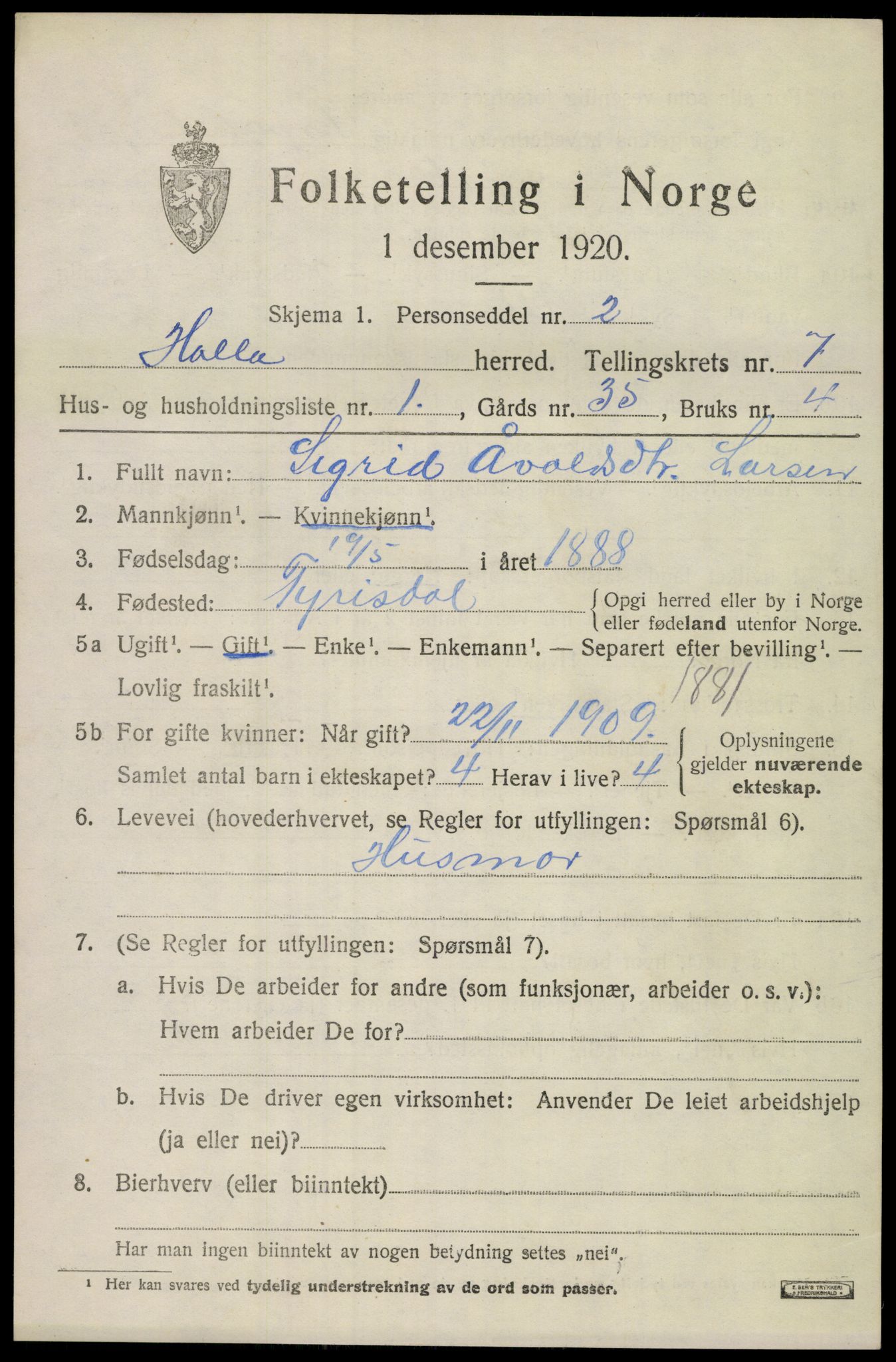 SAKO, 1920 census for Holla, 1920, p. 4913