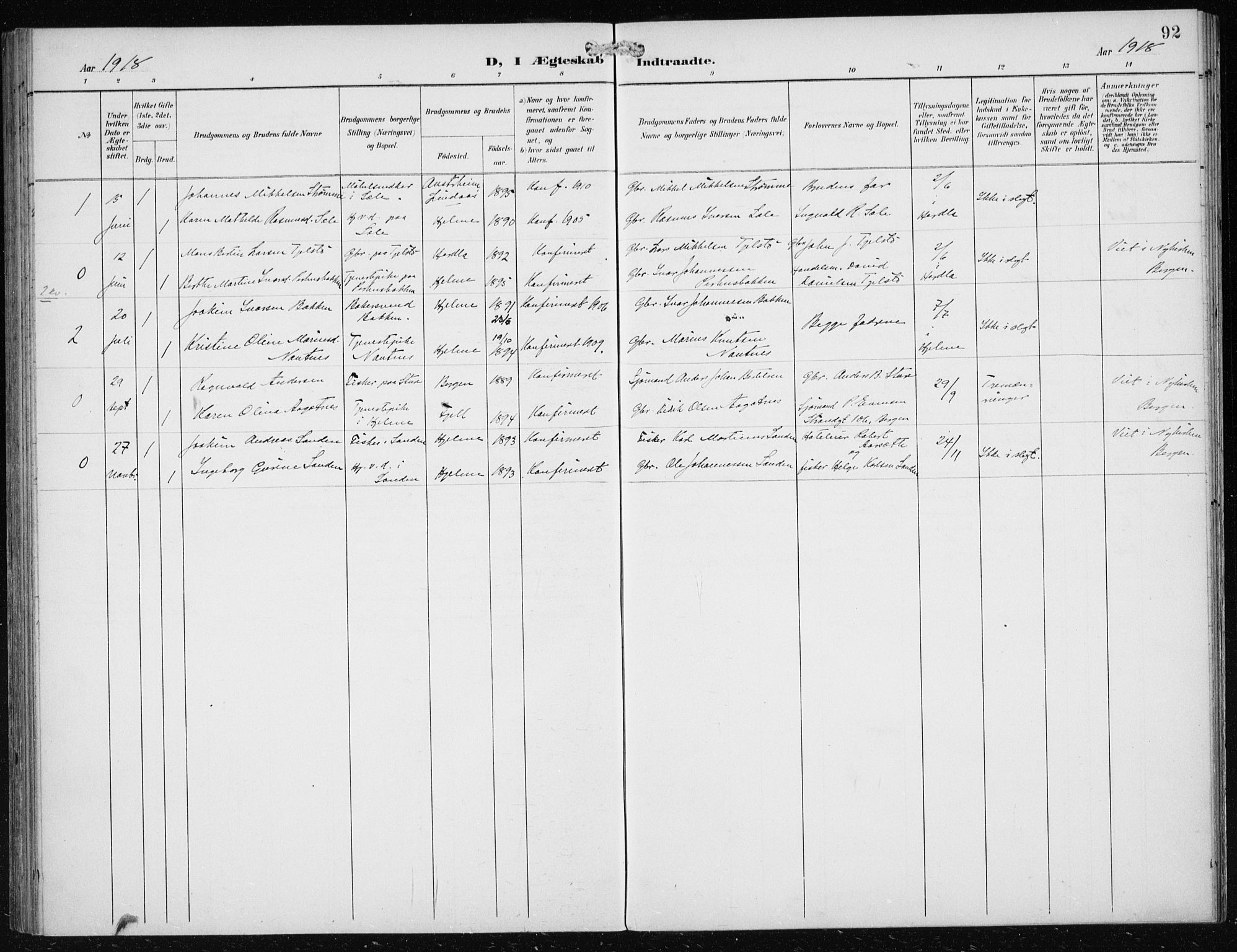 Herdla Sokneprestembete, AV/SAB-A-75701/H/Haa: Parish register (official) no. B 1, 1902-1921, p. 92