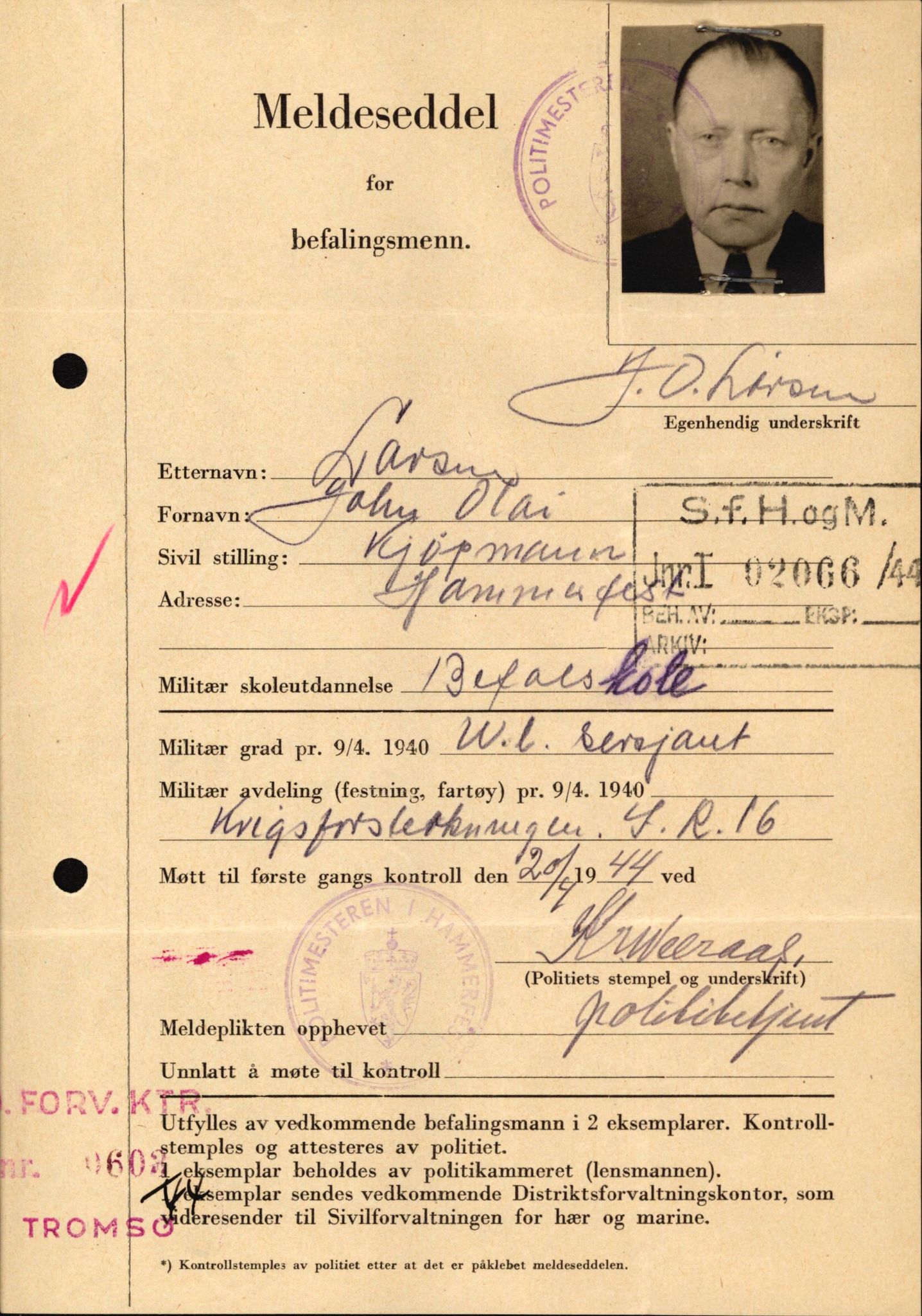 Forsvaret, Forsvarets krigshistoriske avdeling, AV/RA-RAFA-2017/Y/Yf/L0209: II-C-11-2121  -  Okkupasjonstiden.  Meldesedler for befal med foto og oppl. om militær grad 9. apr. 1940., 1944-1945, p. 33