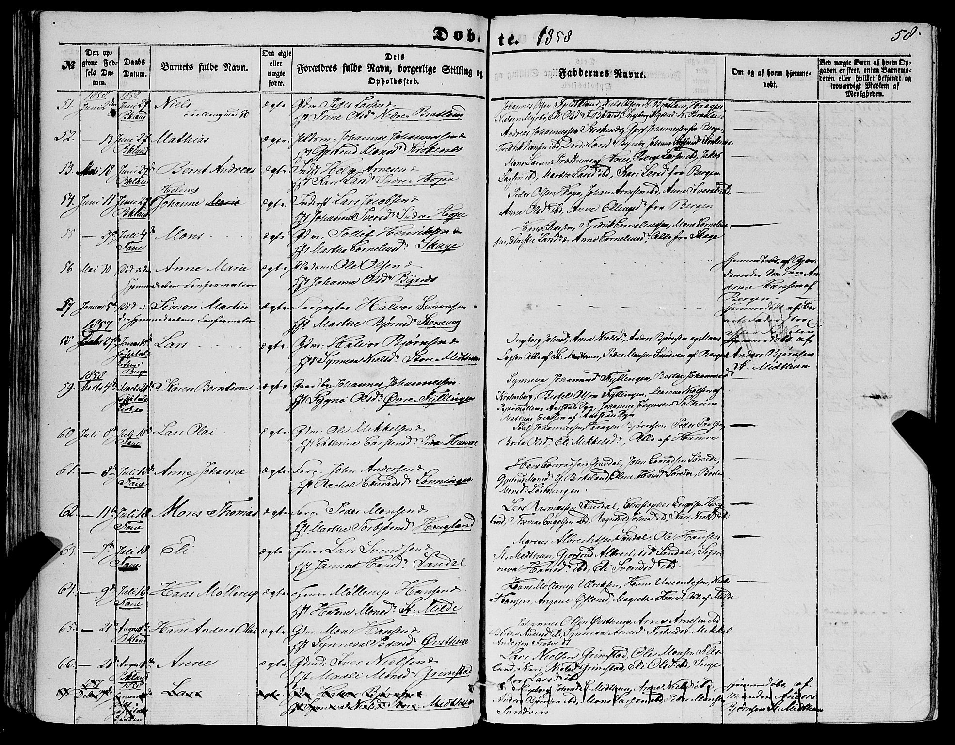 Fana Sokneprestembete, AV/SAB-A-75101/H/Haa/Haaa/L0011: Parish register (official) no. A 11, 1851-1862, p. 58