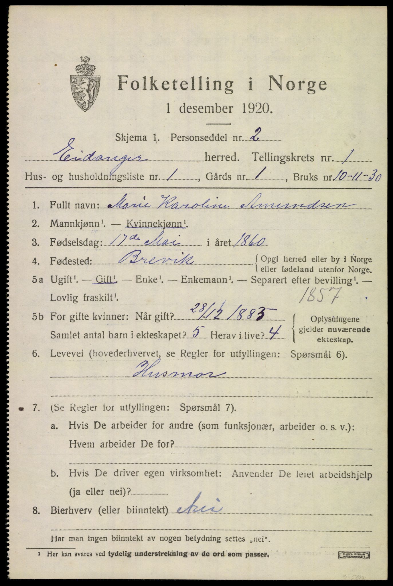 SAKO, 1920 census for Eidanger, 1920, p. 1586