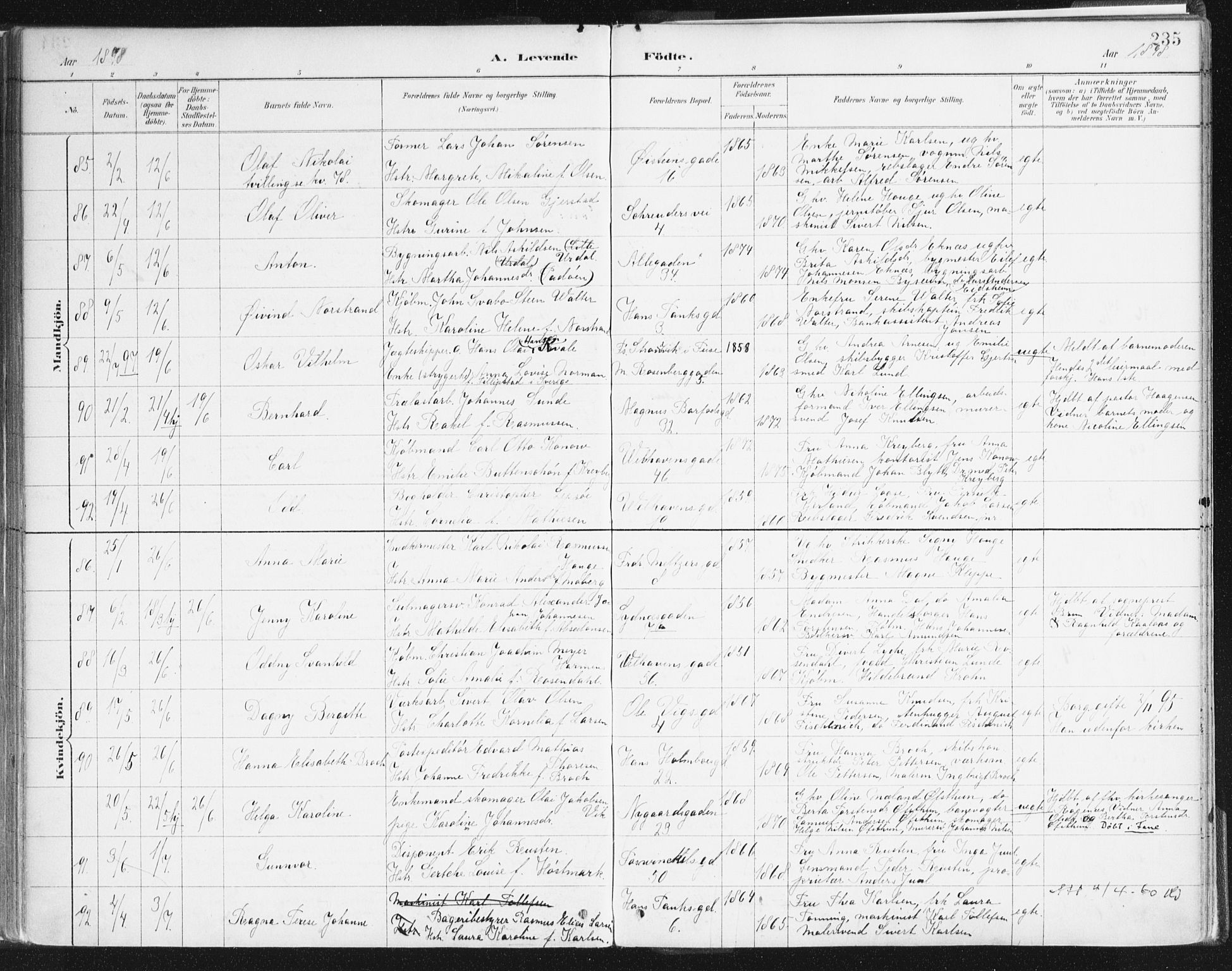 Johanneskirken sokneprestembete, SAB/A-76001/H/Haa/L0001: Parish register (official) no. A 1, 1885-1900, p. 235