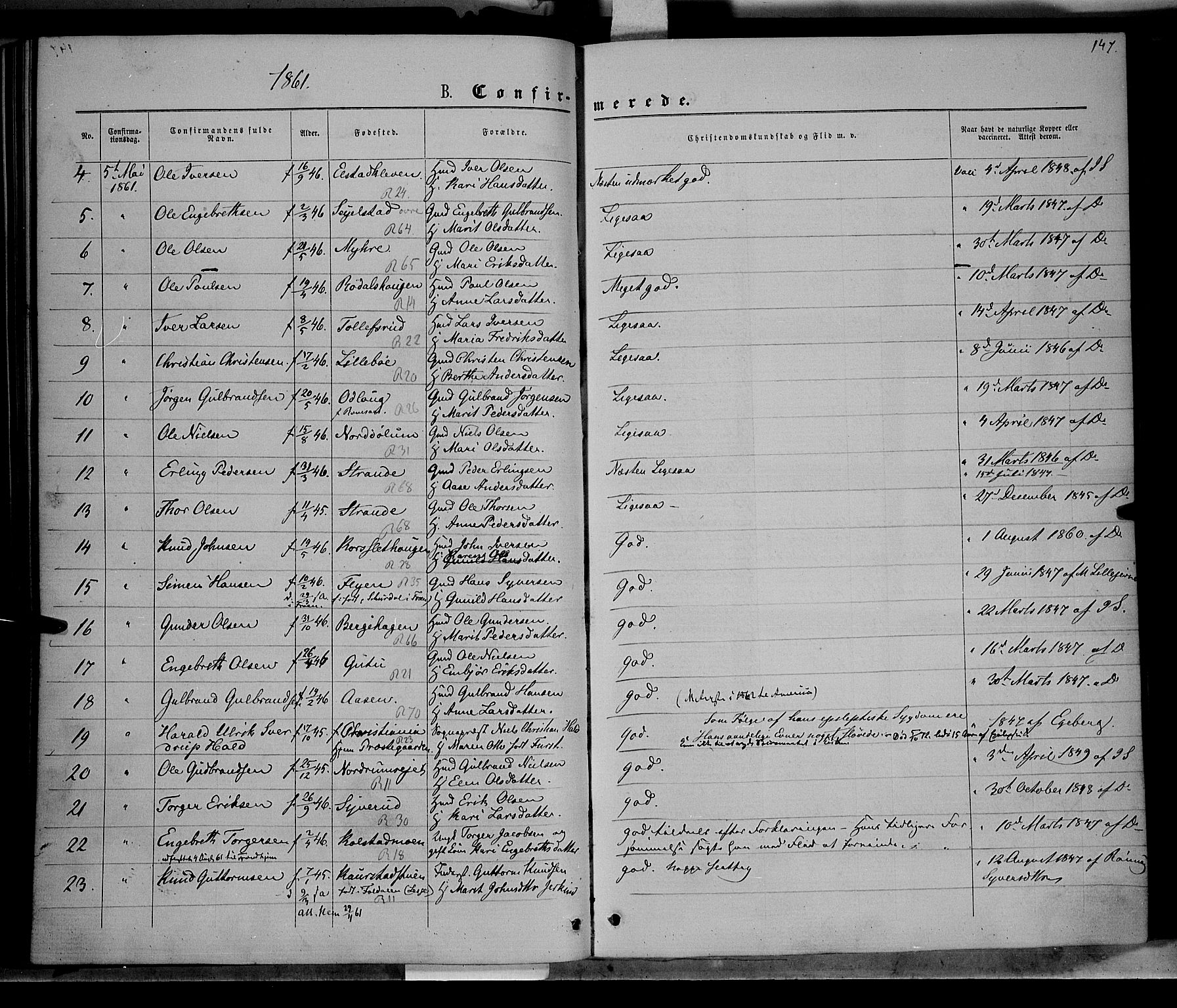 Ringebu prestekontor, AV/SAH-PREST-082/H/Ha/Haa/L0007: Parish register (official) no. 7, 1860-1877, p. 147