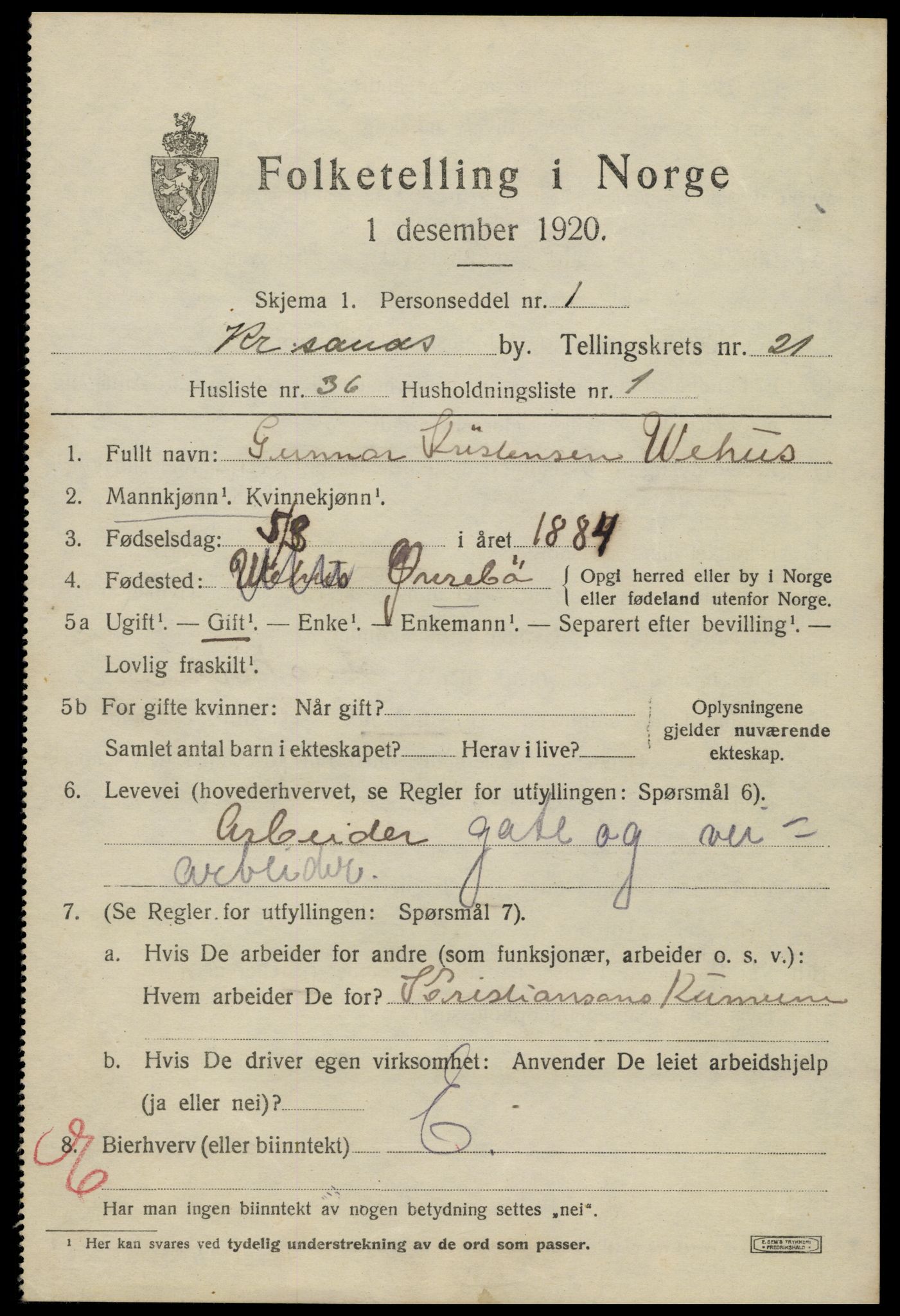 SAK, 1920 census for Kristiansand, 1920, p. 37947