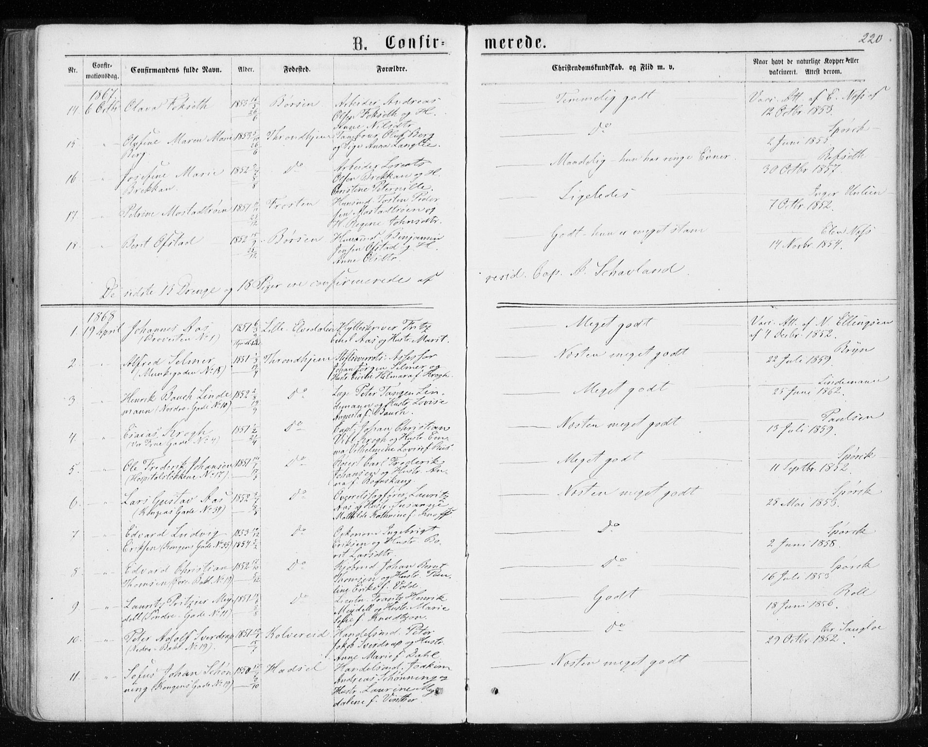 Ministerialprotokoller, klokkerbøker og fødselsregistre - Sør-Trøndelag, SAT/A-1456/601/L0054: Parish register (official) no. 601A22, 1866-1877, p. 220