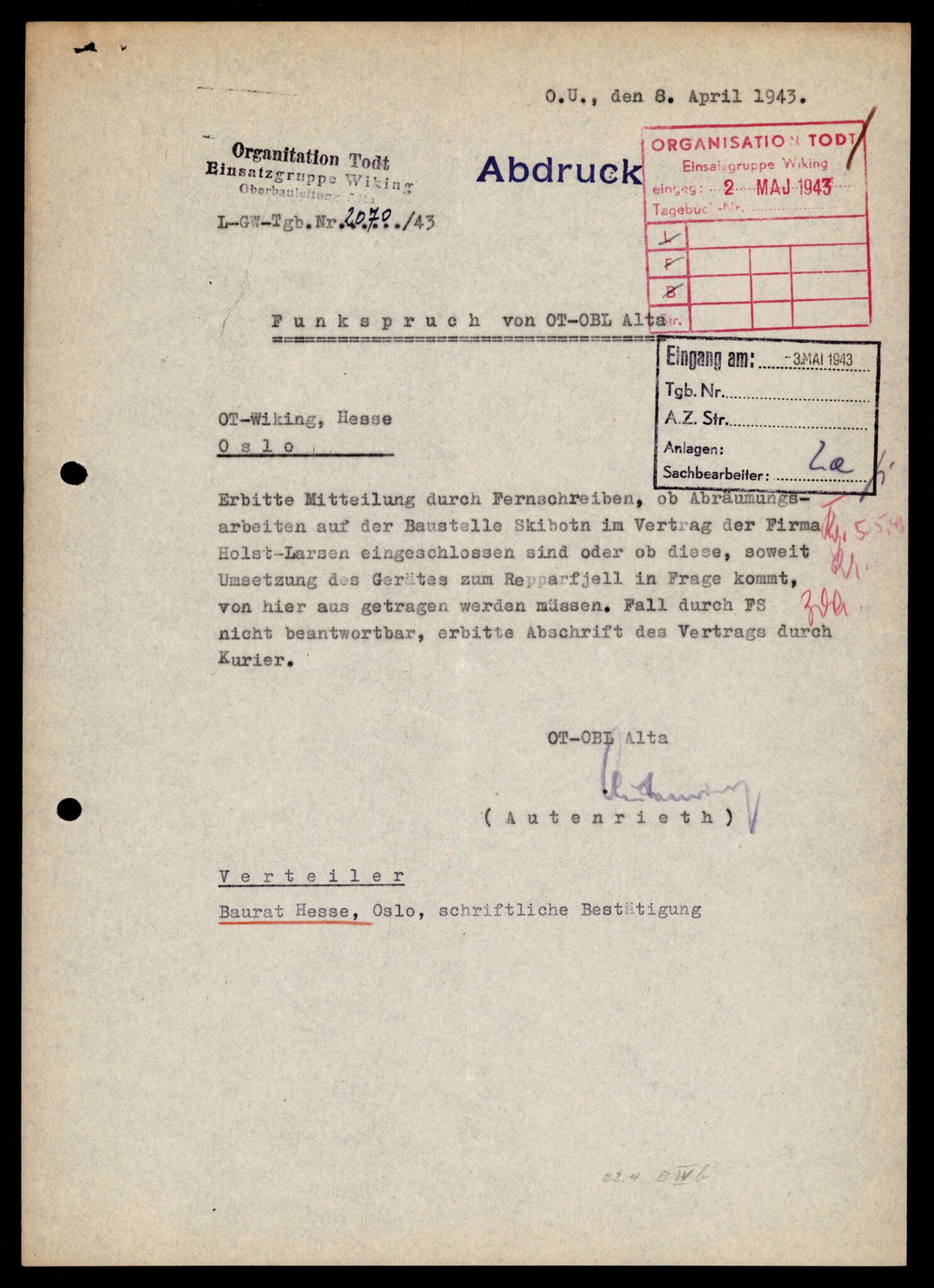 Forsvarets Overkommando. 2 kontor. Arkiv 11.4. Spredte tyske arkivsaker, AV/RA-RAFA-7031/D/Dar/Darb/L0001: Reichskommissariat - Hauptabteilung Technik und Verkehr, 1940-1944, p. 868