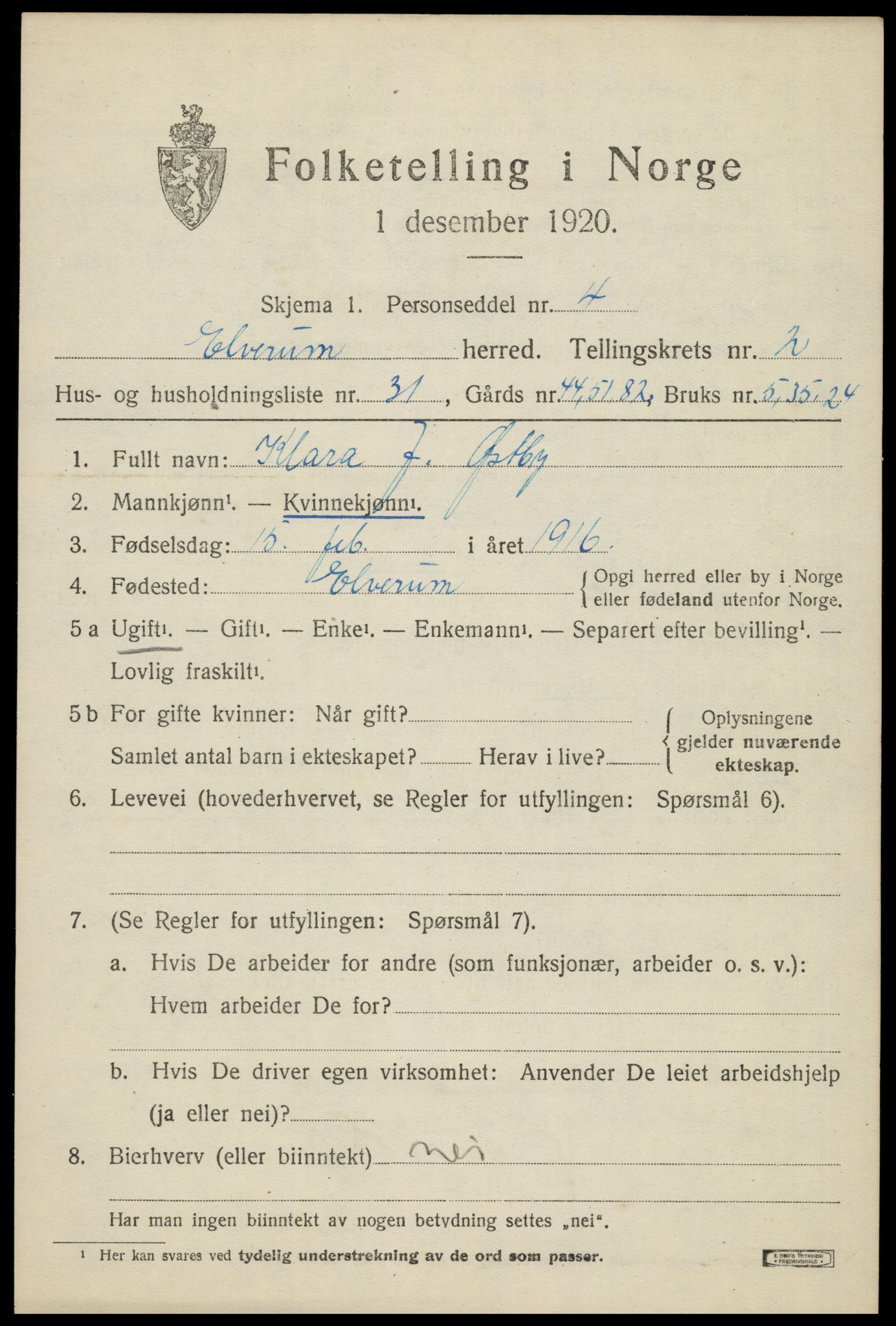 SAH, 1920 census for Elverum, 1920, p. 4888